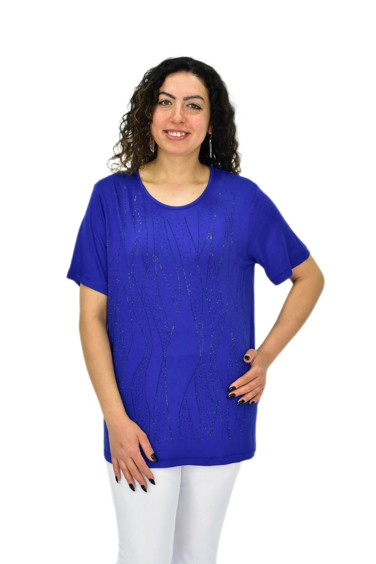 wearon tekstil Kadın Viskon Taşlı Kısa Kol Bluz BGL-ST04679