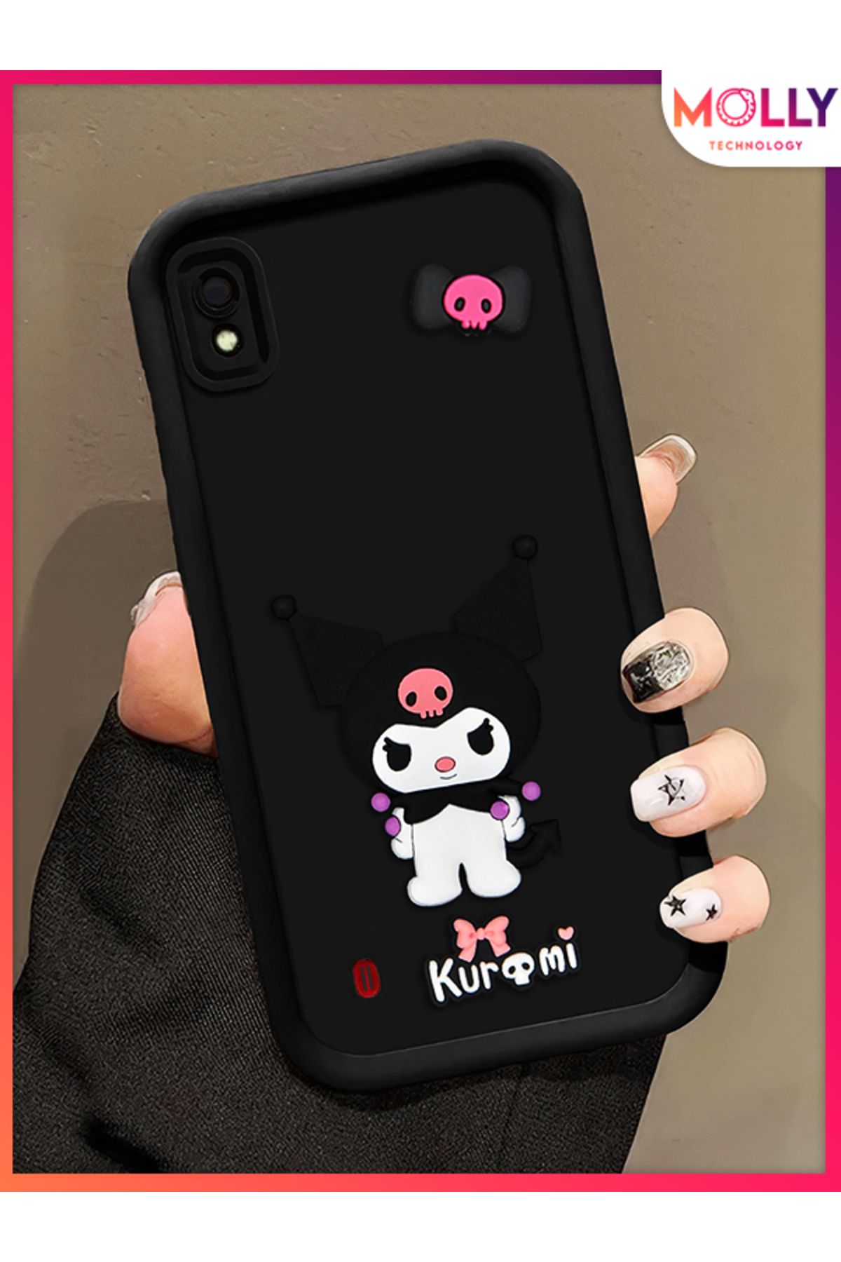 Molly Samsung Galaxy A10 İçin Siyah Kenarları Kalın 3d Kabartmalı Kawaii Kuromi Silikon Kılıf