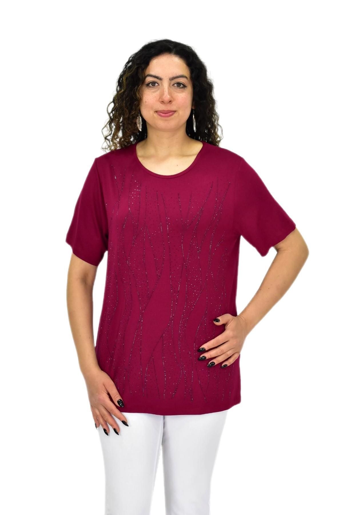wearon tekstil Kadın Viskon Taşlı Kısa Kol Bluz BGL-ST04679