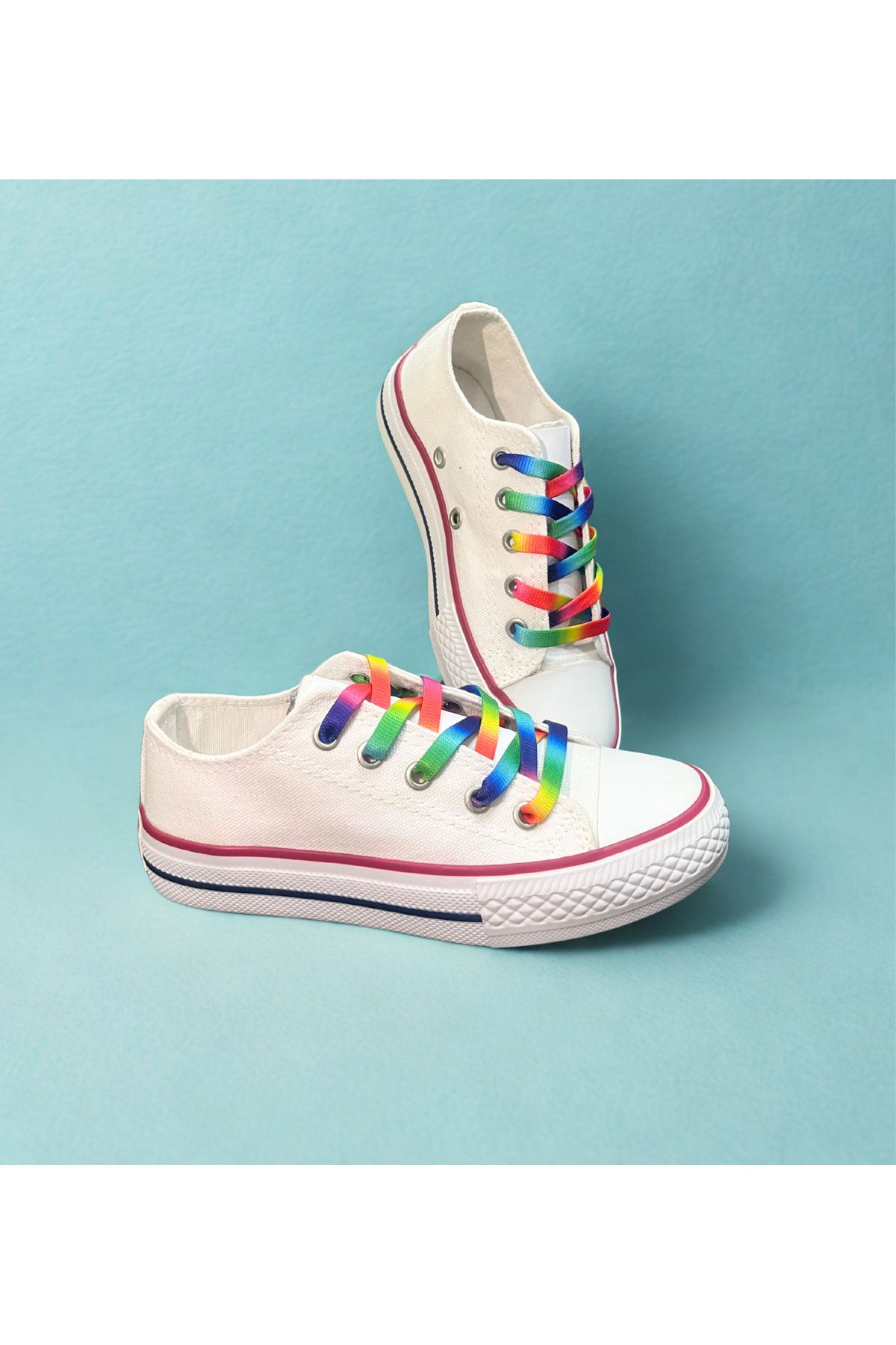 Ymn ayakkabı Gökkuşağı Bağcıklı, Beyaz Kısa Spor Ayakkabı, Sneaker