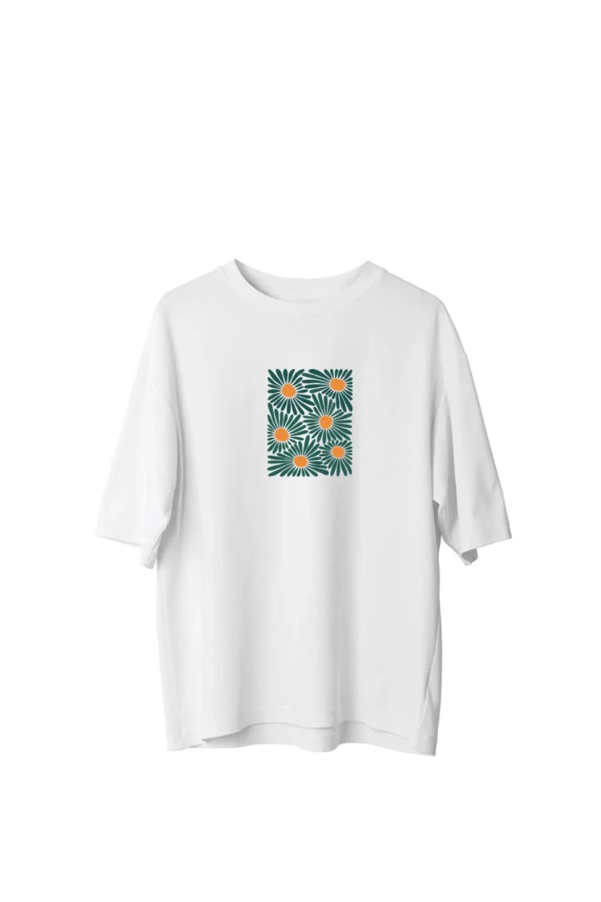 Koklonmoda Büyük Beden Unisex Yeşil Çiçek Baskılı Oversize T-Shirt