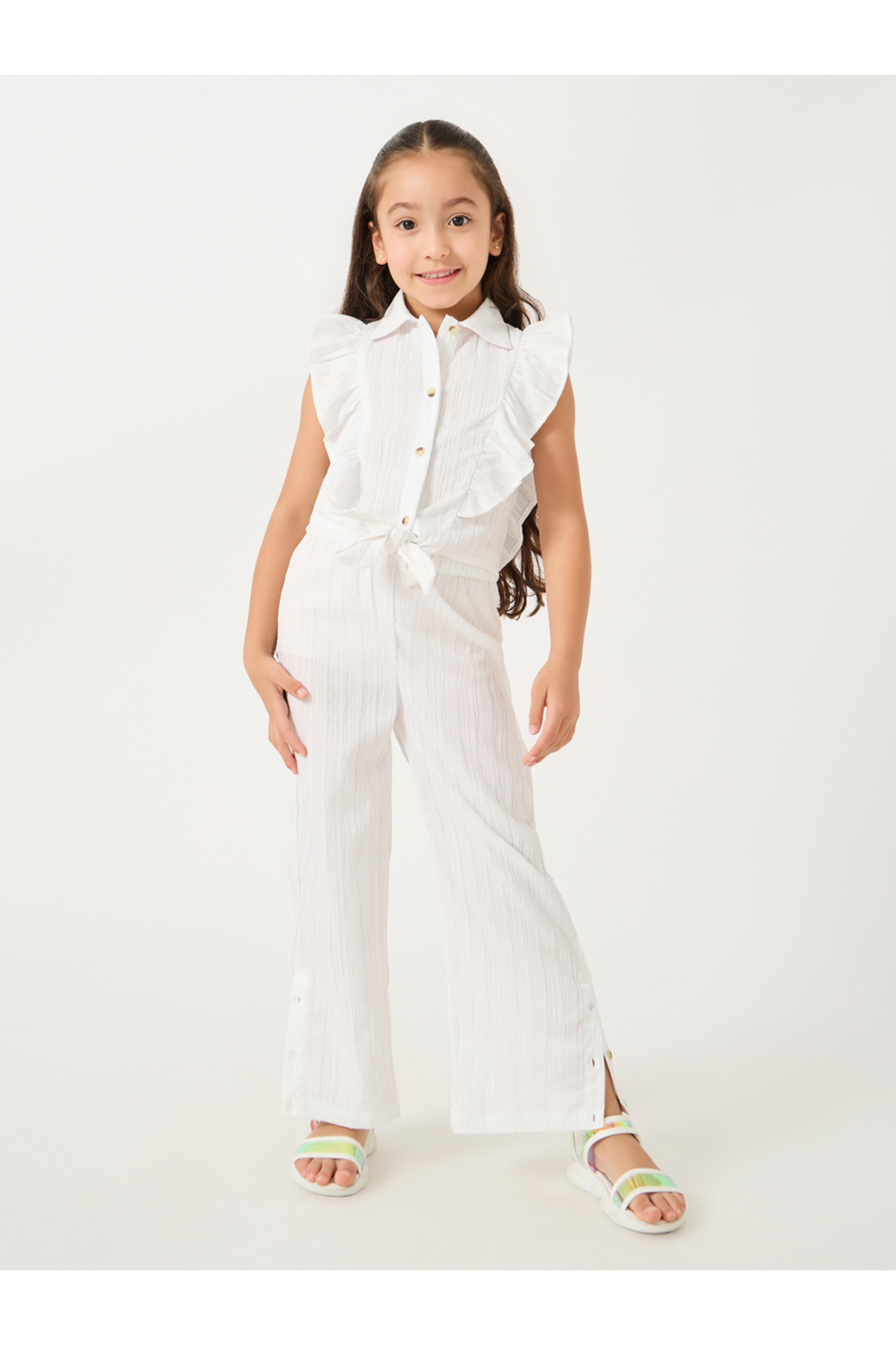 Styli Textured Cap Sleeves Tie-Up Shirt and Wide Leg Pants Set