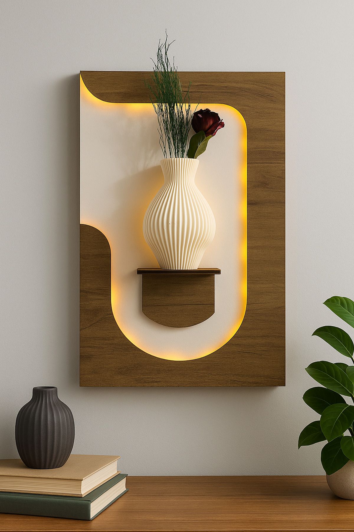 AHWALL Minimalist LED Işıklı Ahşap Duvar Dekoru Raf, Pilli