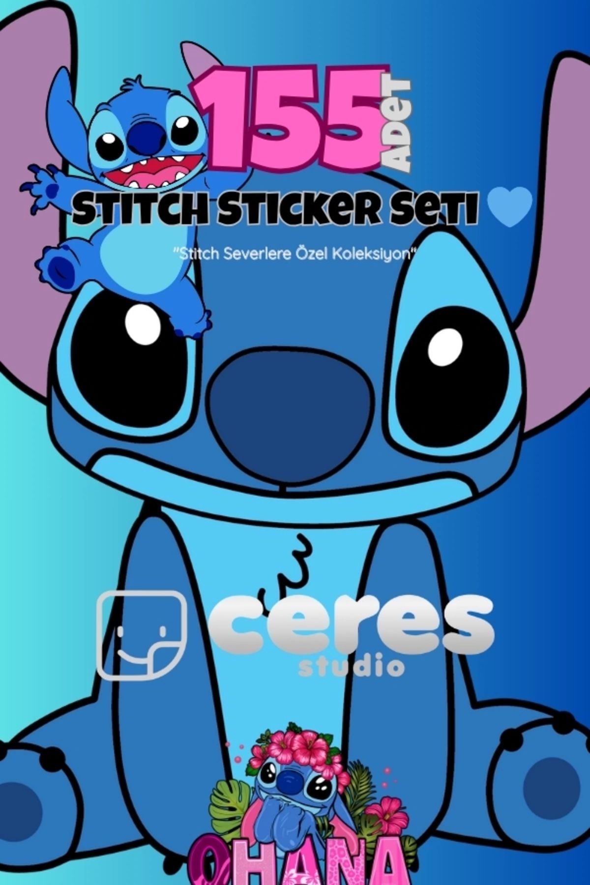 Ceres Studio Stitch Temalı 155 Parça Sticker Seti - Kawaii Karakter Etiketleri Defter Laptop Telefon İçin
