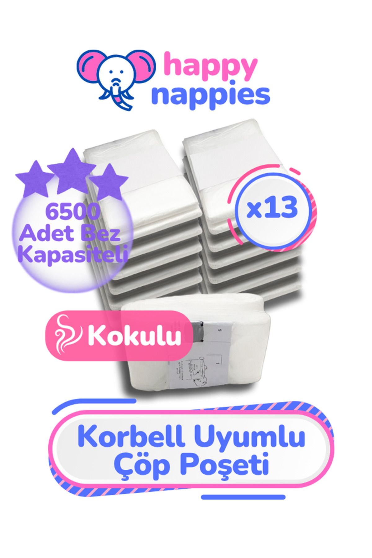 Korbell 16l Uyumlu Yerli Malı Çöp Poşeti - 13 Paket - 6500 Adet Bebek Bezi Kapasitesi
