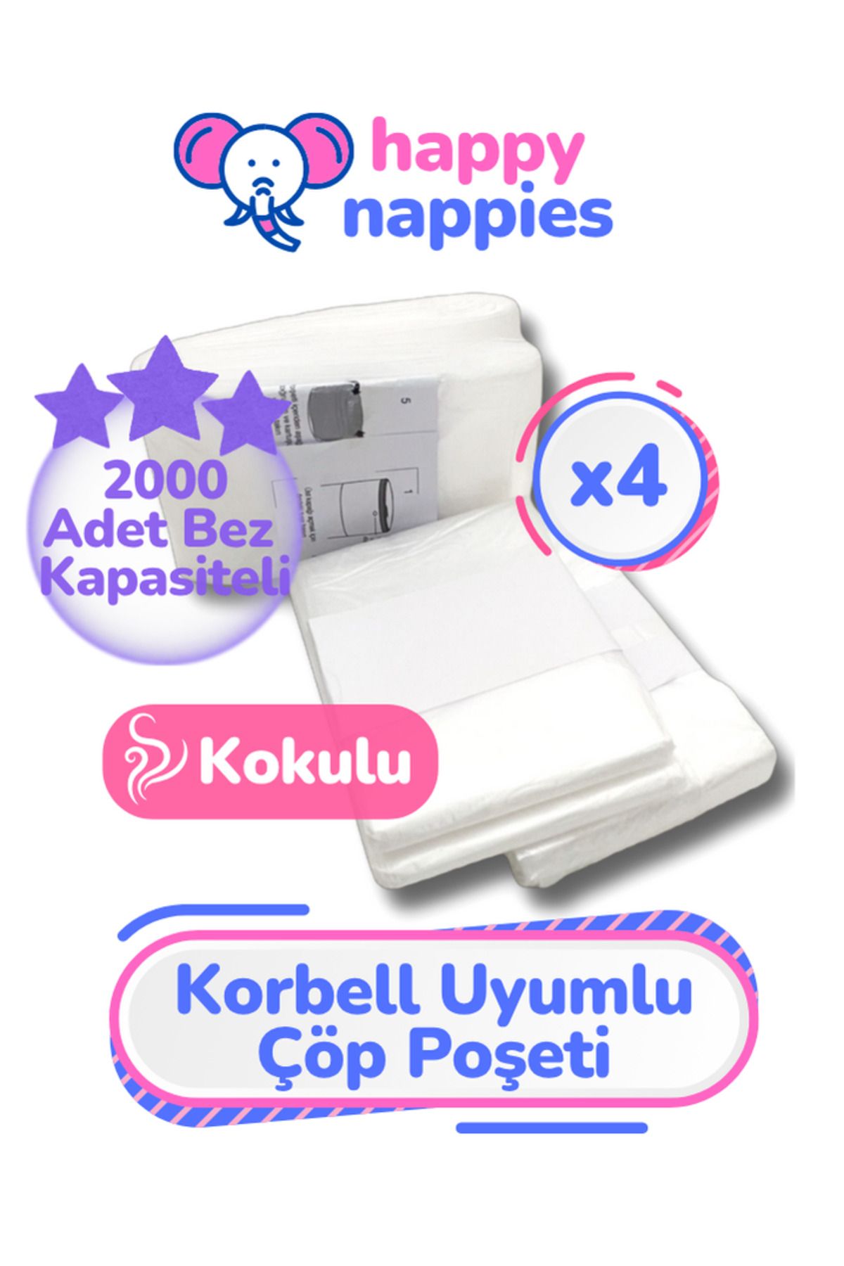 Korbell 16l Uyumlu Yerli Malı Çöp Poşeti - 4 Paket - 2000 Adet Bebek Bezi Kapasitesi