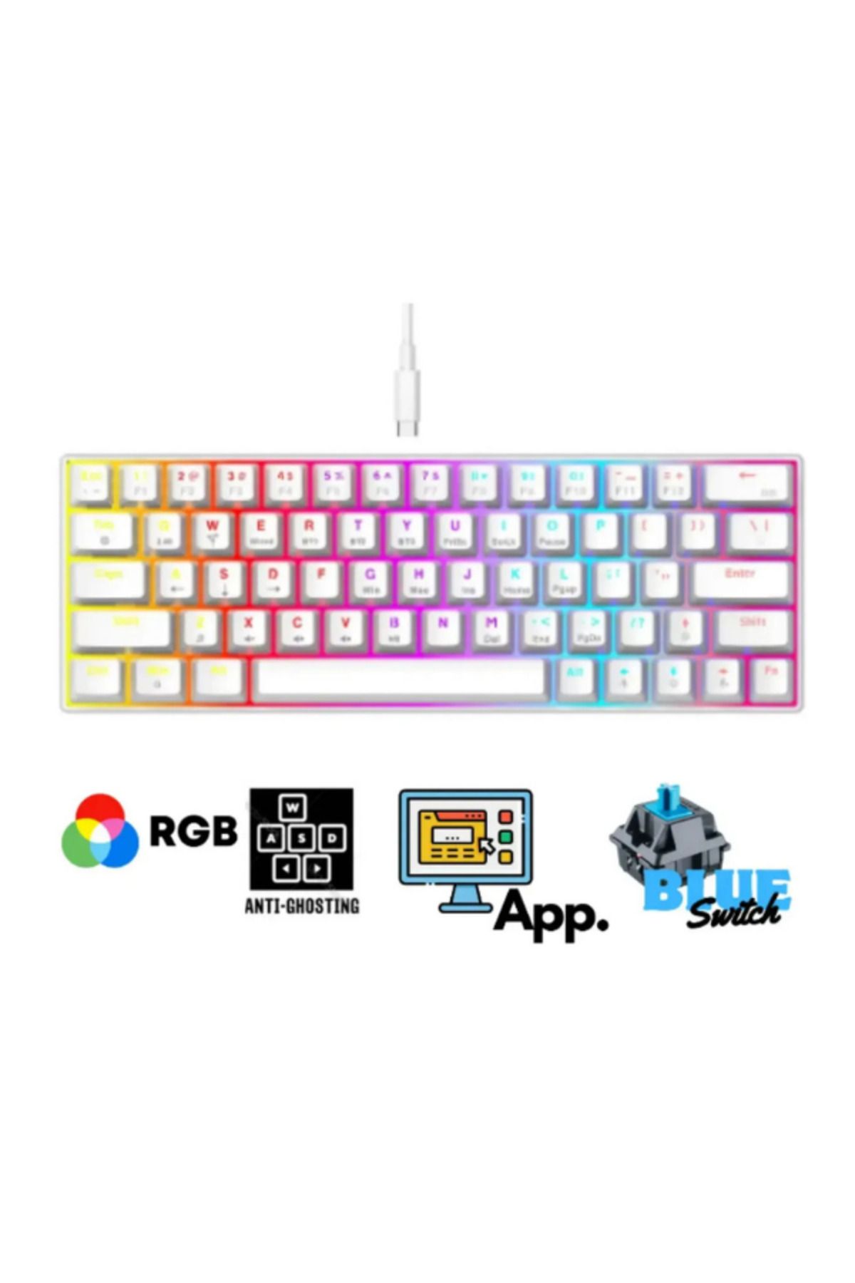 Hietech Kablolu Gaming Klavye Blue Switch Oyuncu Klavyesi %60 Rgb Beyaz App Uygulamalı Blue Switch T60