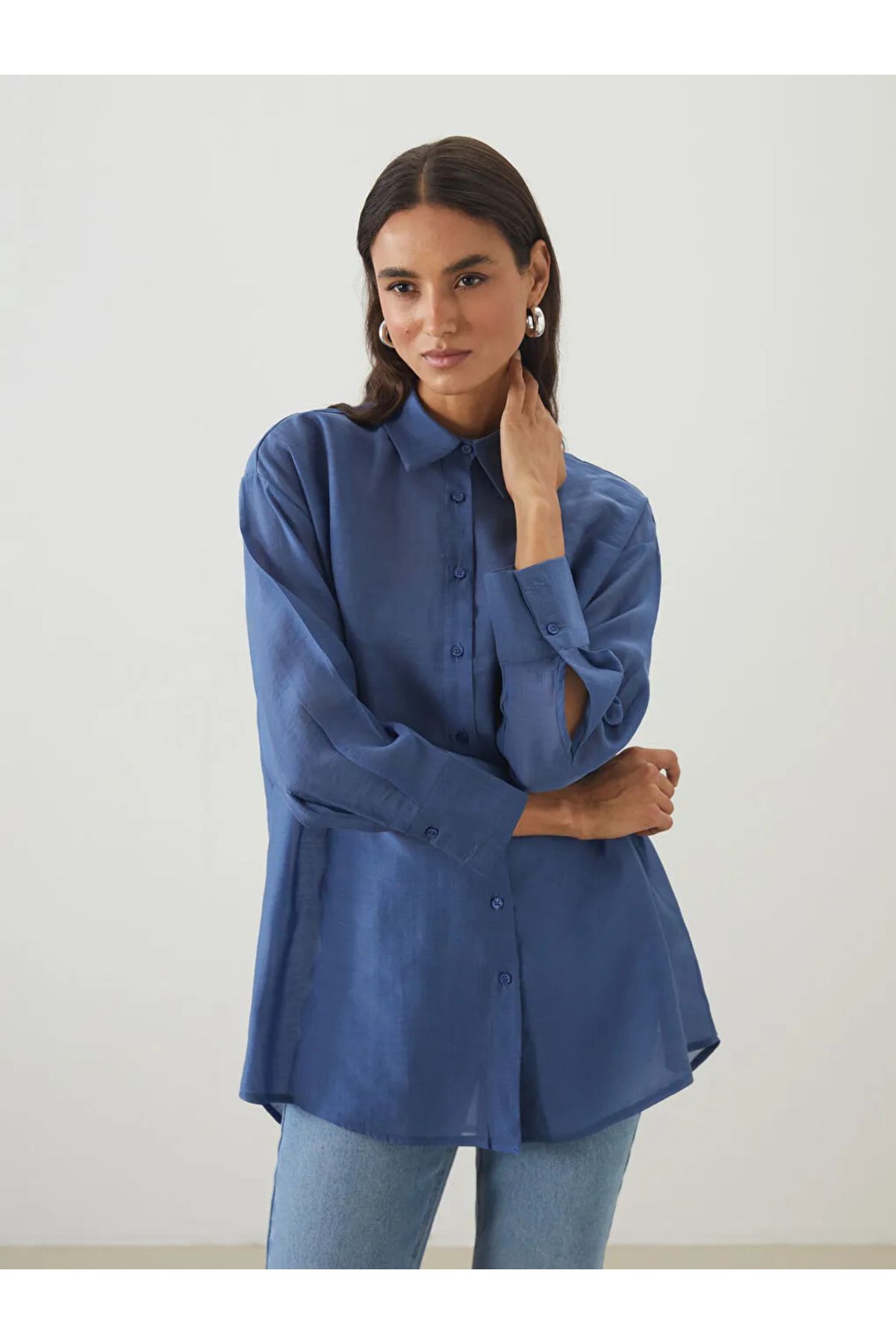 LC Waikiki LCW Modest Mavi Poplin Kadın Gömlek Tunik