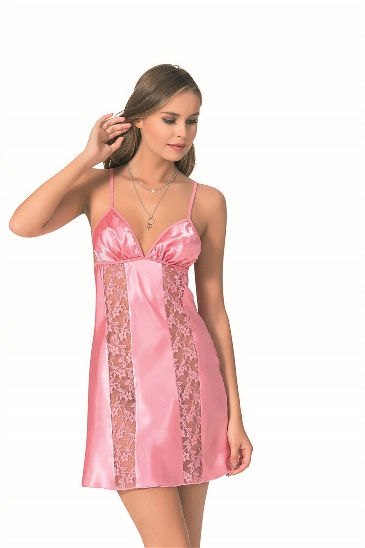 ALFA AKSESUAR 03 Pembe Kısa Saten Gecelik