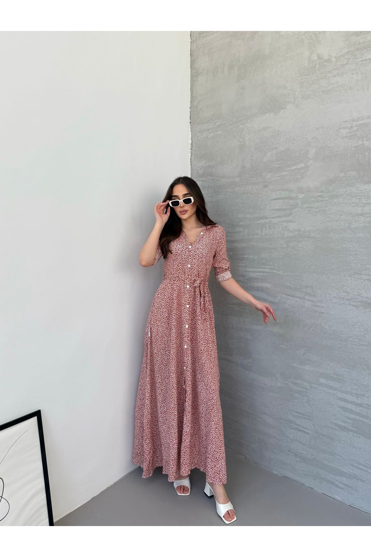 Anna Moda Kuşaklı Kırmızı Çıtır Desen Elbise