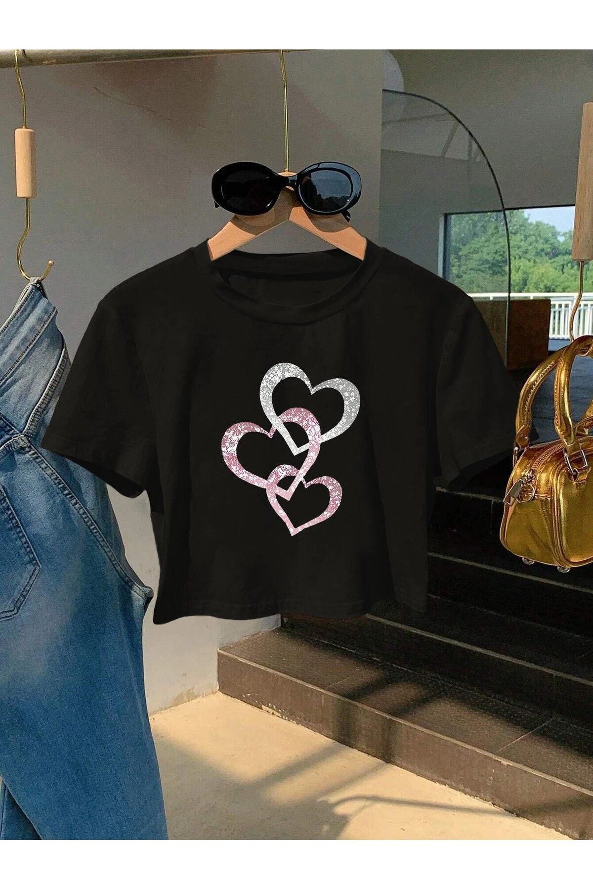 LEIVOR Üçlü Kalp baskılı Kadın Oversize Crop T-shirt