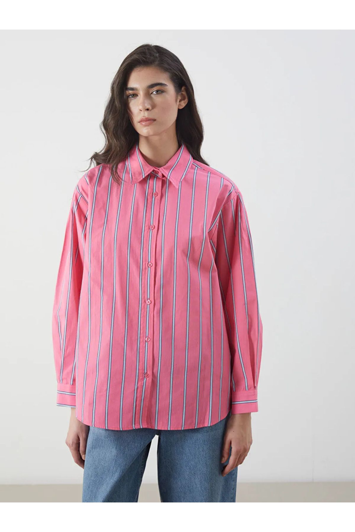 LC Waikiki LCW Modest Pembe Çizgili Poplin Kadın Gömlek Tunik