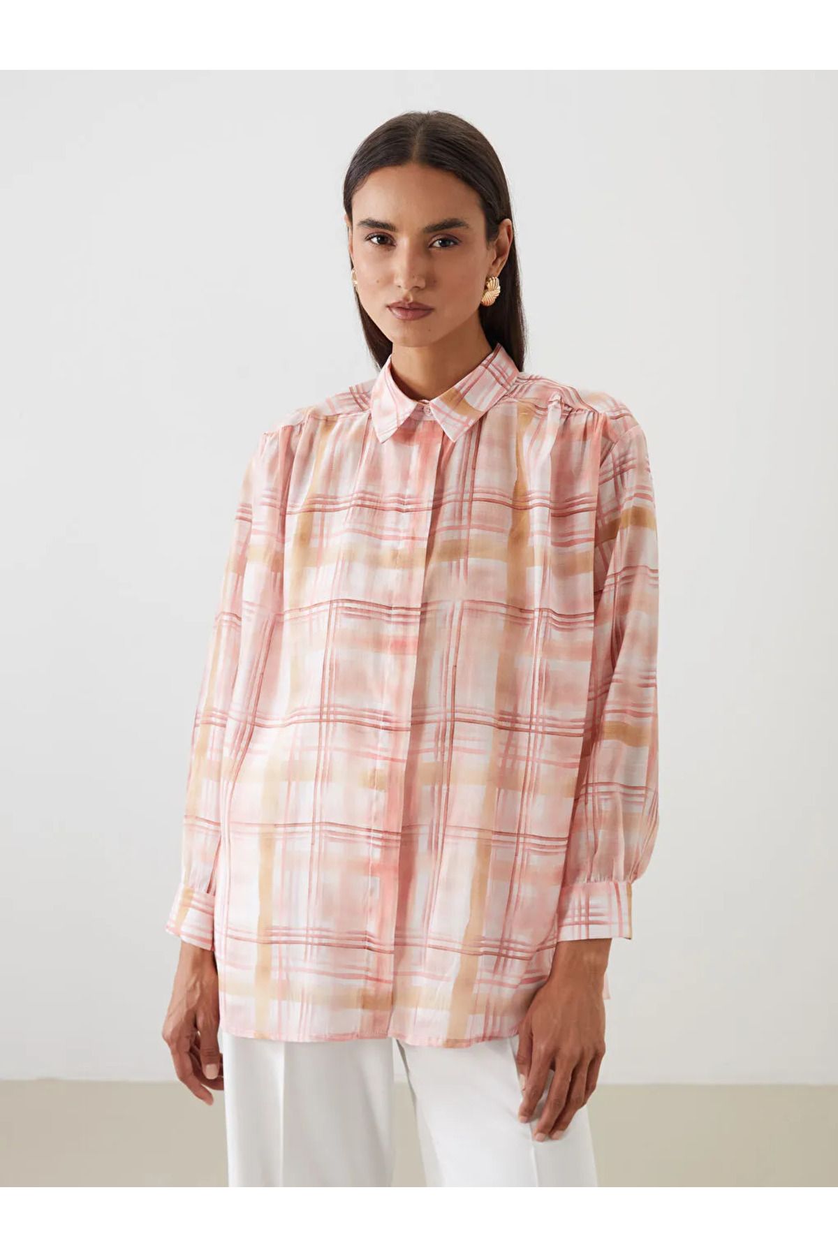 LC Waikiki LCW Modest Pembe Ekose Oversize Kadın Gömlek Tunik
