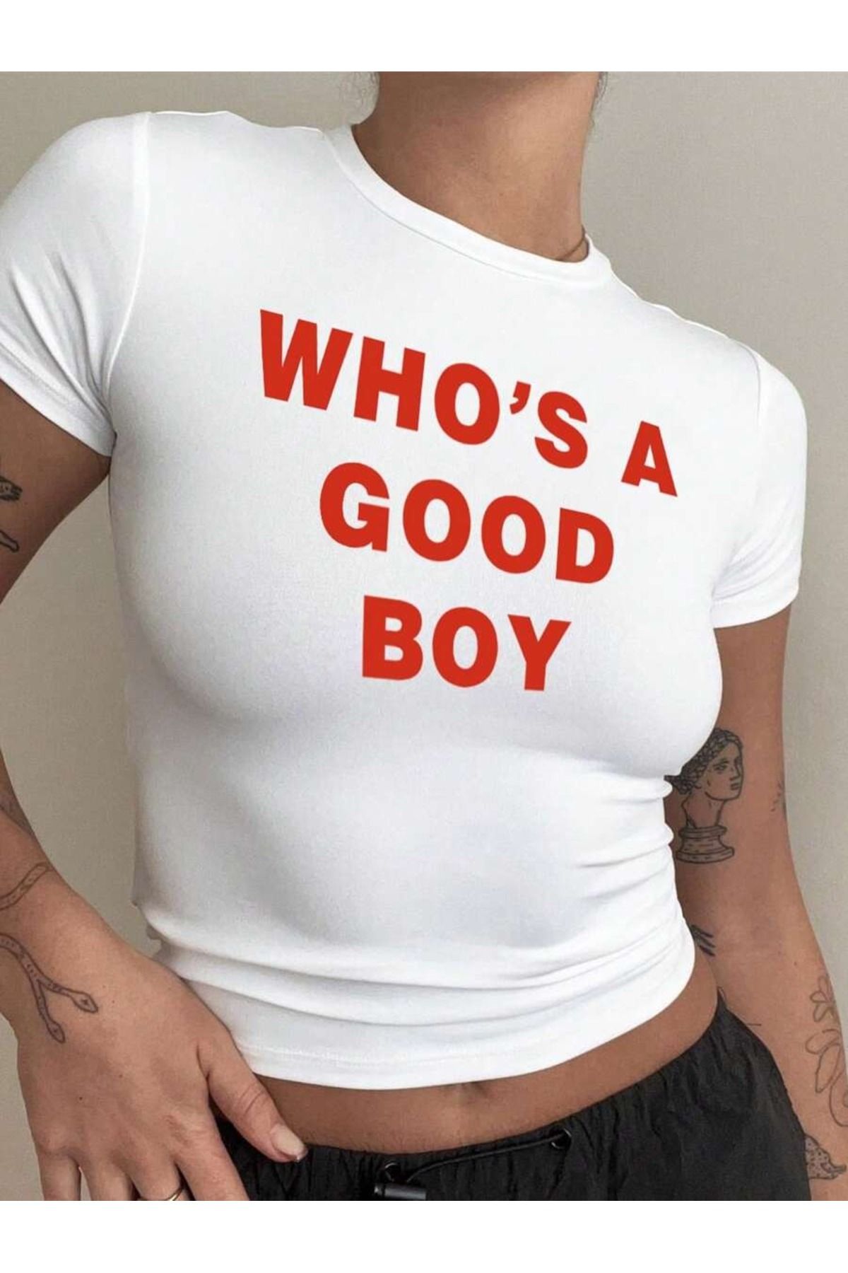 PALPİTO Kadın Beyaz Who'S A Baskılı Bisiklet Yaka Dar Crop Tshirt