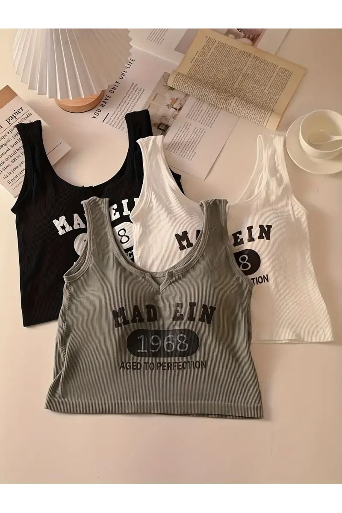 Machetta Kadın Siyah Beyaz Gri Mad Ein Baskılı Askılı Crop Bluz