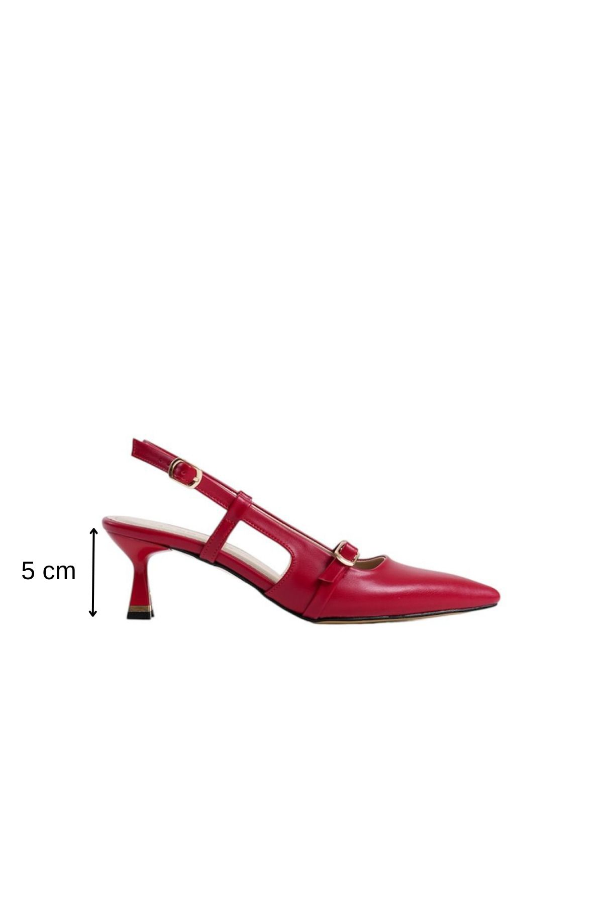 MASSOLE Kadın Kırmızı Deri 5 cm Arkası Açık Stiletto Özel Tasarım Topuk İthal Tokalı Şık Rahat Yeni Sezon