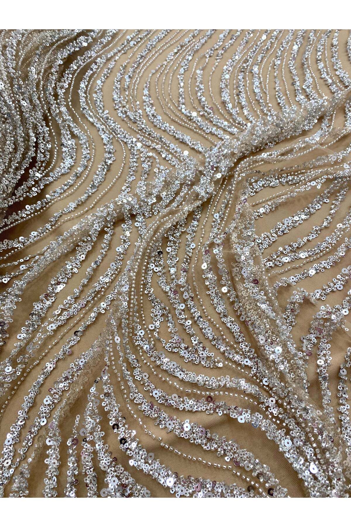 Luxuro-Couture Lace Silver with Nude Tulle with Linear Pattern, with Beads and Sequins 7