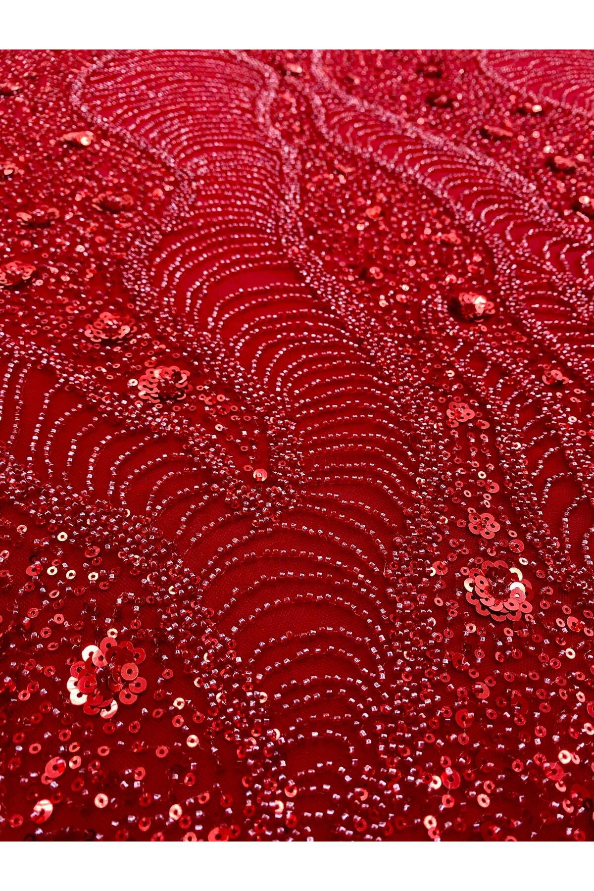 Luxuro-Red Couture Lace with Geometric and Floral Pattern, with Beads and Sequins 4