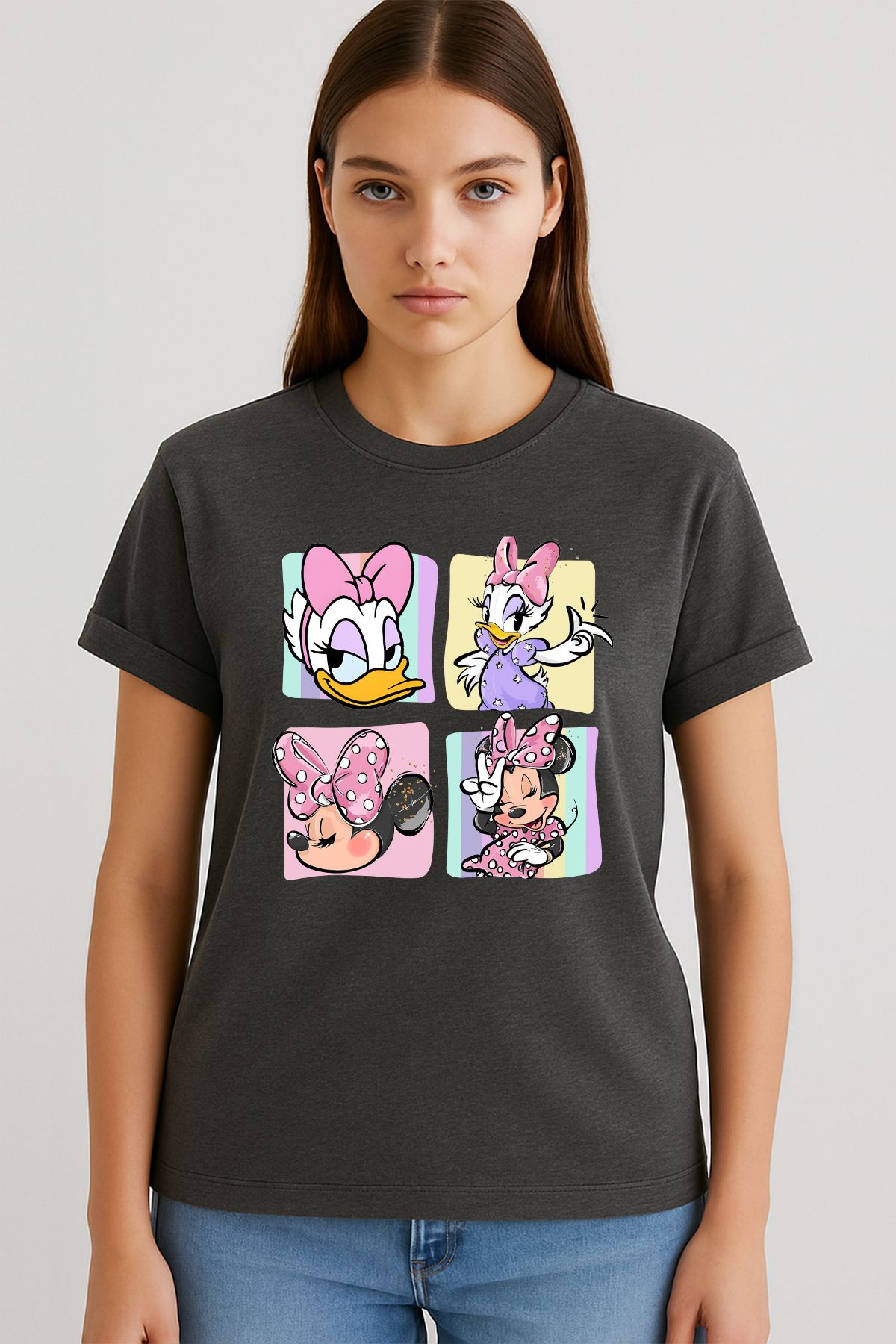uniqwo Unisex Daisy ve Minnie Mouse Baskılı Kadın %100 Pamuk Premium Regular T-Shirt