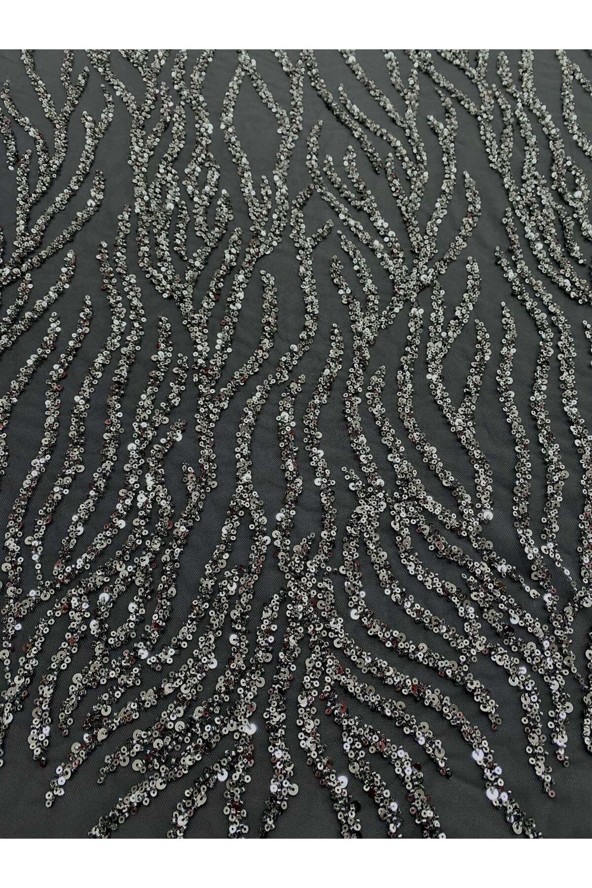 Luxuro-Anthracite Grey Couture Lace with Strings, Beads and Sequins 3