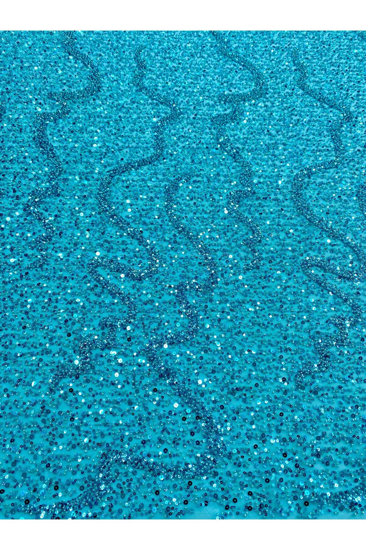 Luxuro-Turquoise Couture Lace with General Pattern with Strings, Beads and Sequins 7