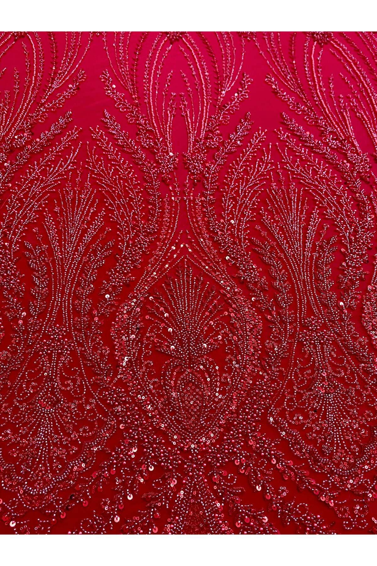 Luxuro-Red Couture Lace with Geometric Pattern, with Pearls, Beads and Sequins 3