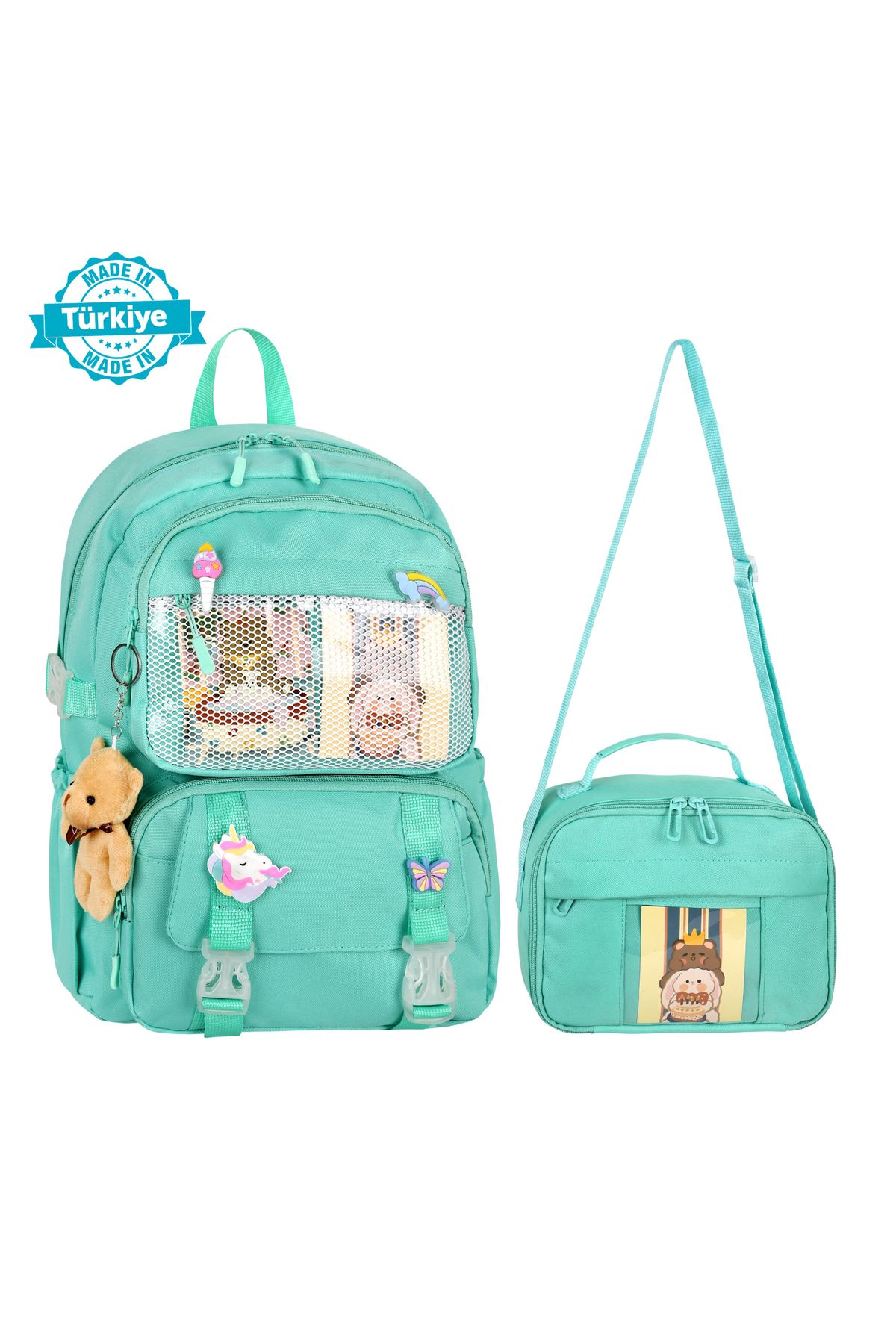 WMİLANO Kawaii Kore Tarzı Aksesuarlı Ilkokul Sırt Çantası Kız Ve Isı Yalıtımlı Termoslu Beslenme Çantası Set