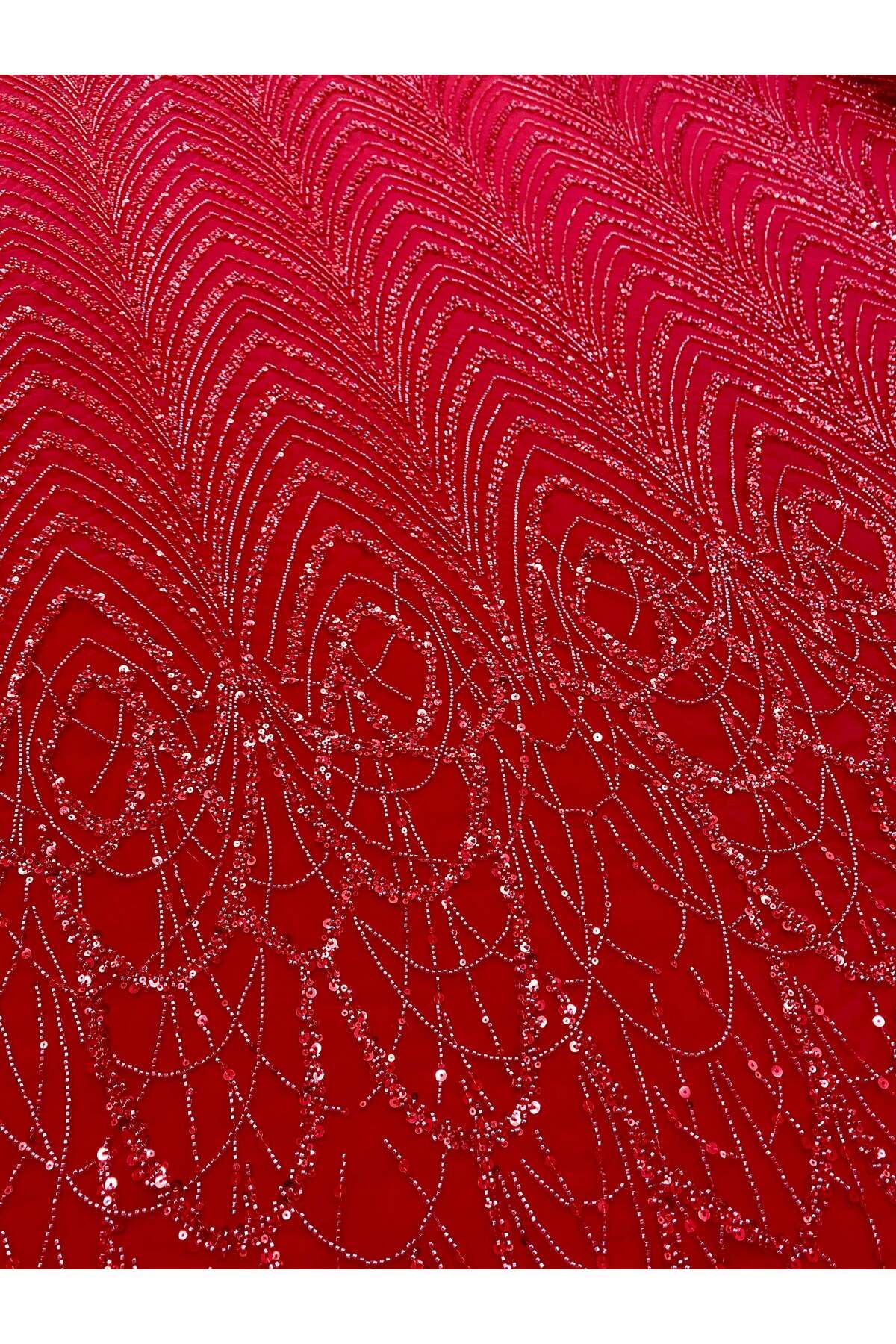 Luxuro-Red Couture Lace with Geometric Pattern with Beads and Sequins 3
