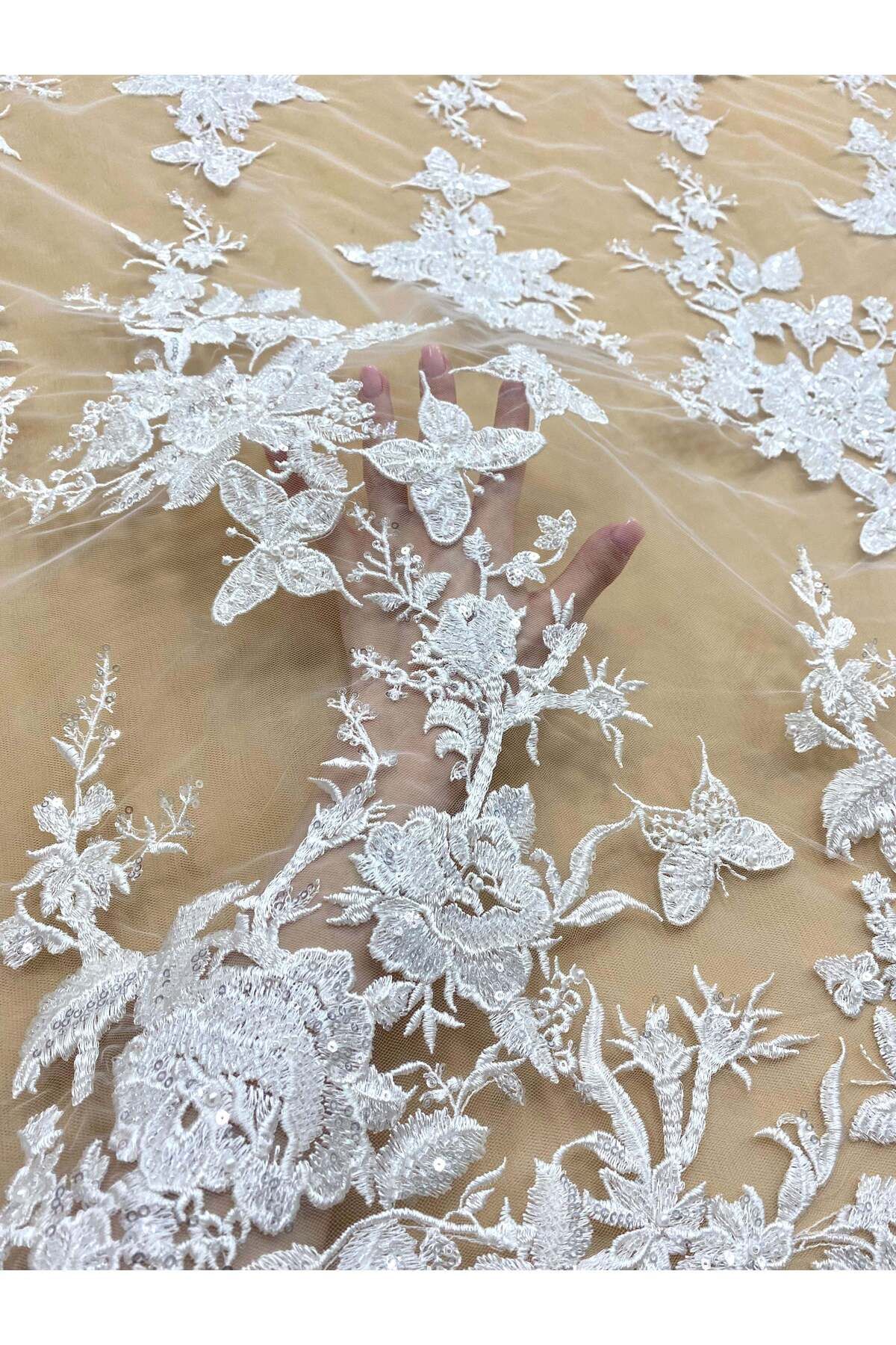 Luxuro-Couture Lace with Butterfly Pattern, with Pearls, Beads and Sequins 7