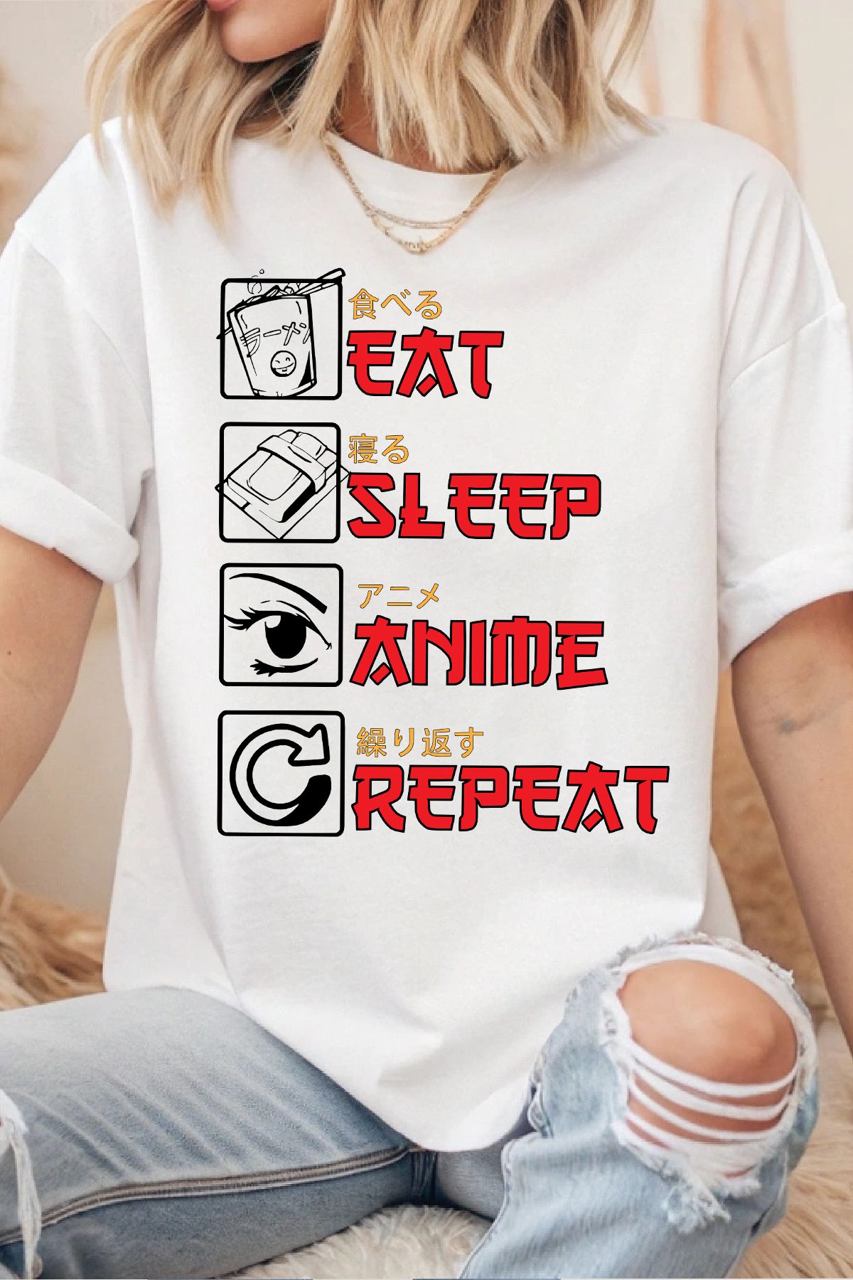 uniqwo Unisex Eat Sleep Anime Repeat Baskılı %100 Pamuk Premium Regular T-Shirt