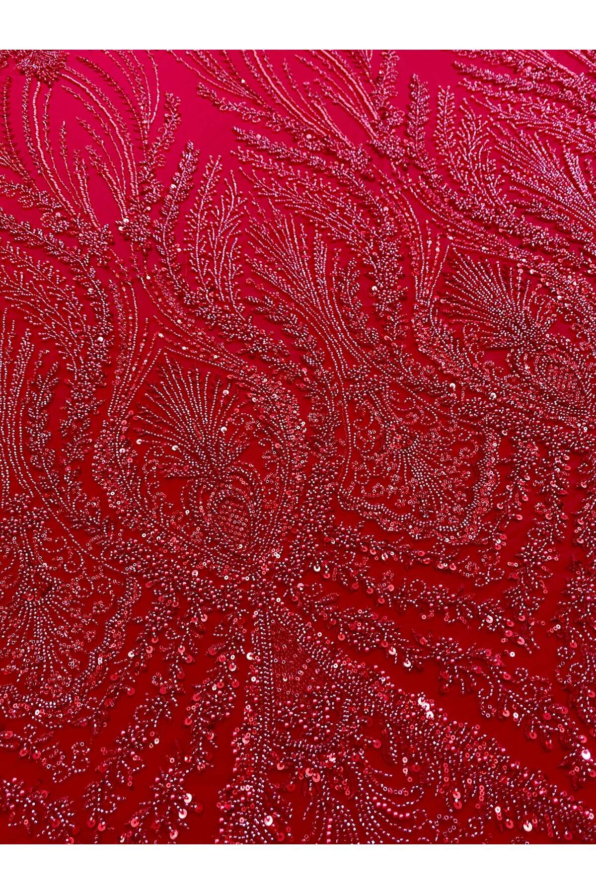 Luxuro-Red Couture Lace with Geometric Pattern, with Pearls, Beads and Sequins 7