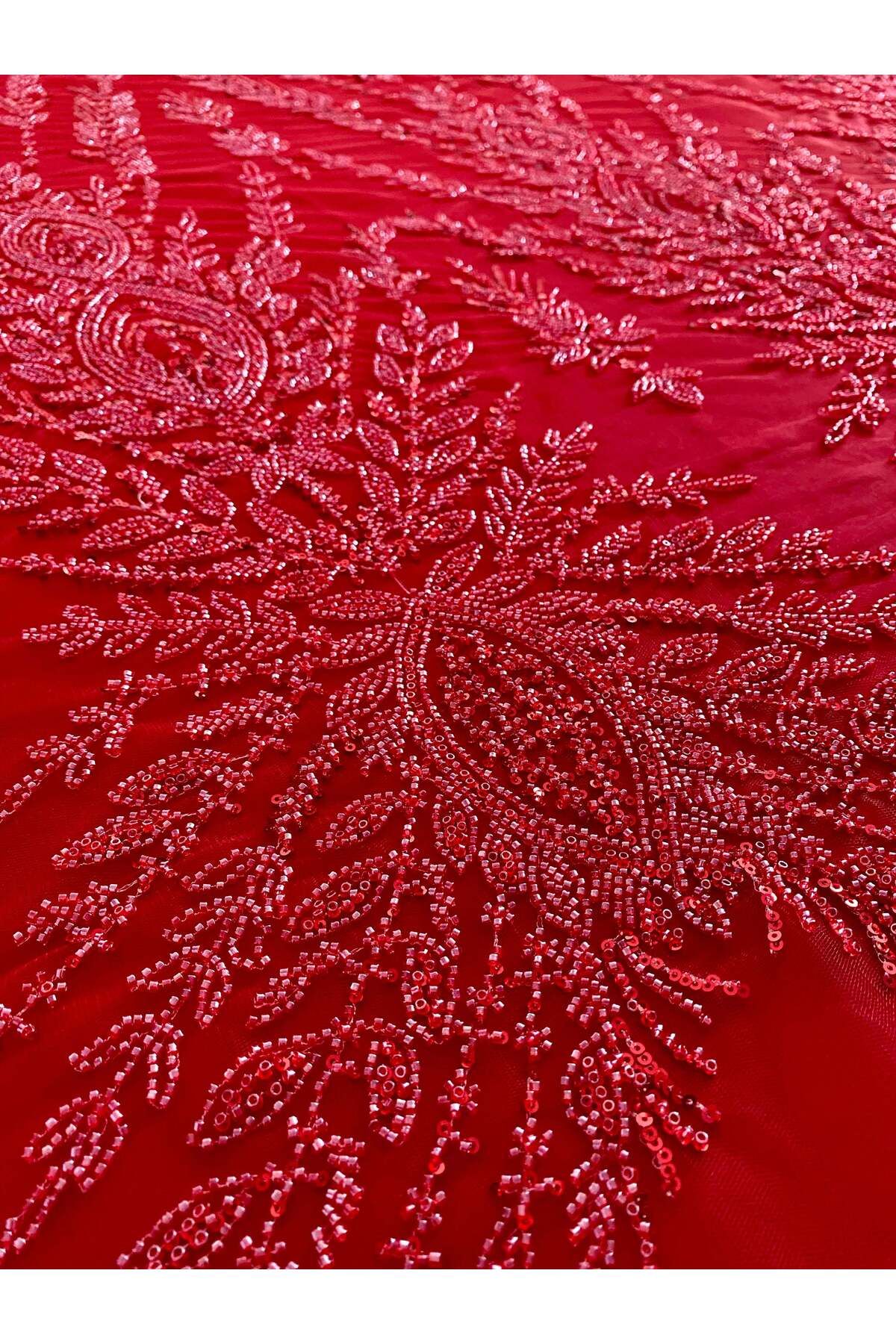 Luxuro-Red Couture Lace with Symmetrical Pattern, Beads and Sequins 7