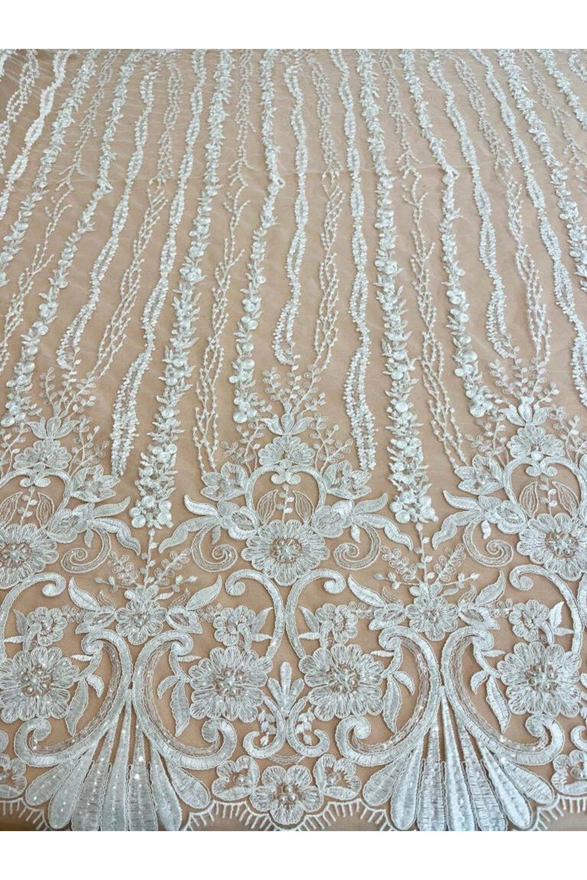 Luxuro-Lace with Linear Pattern with Flowers, Pearls and Sequins 7