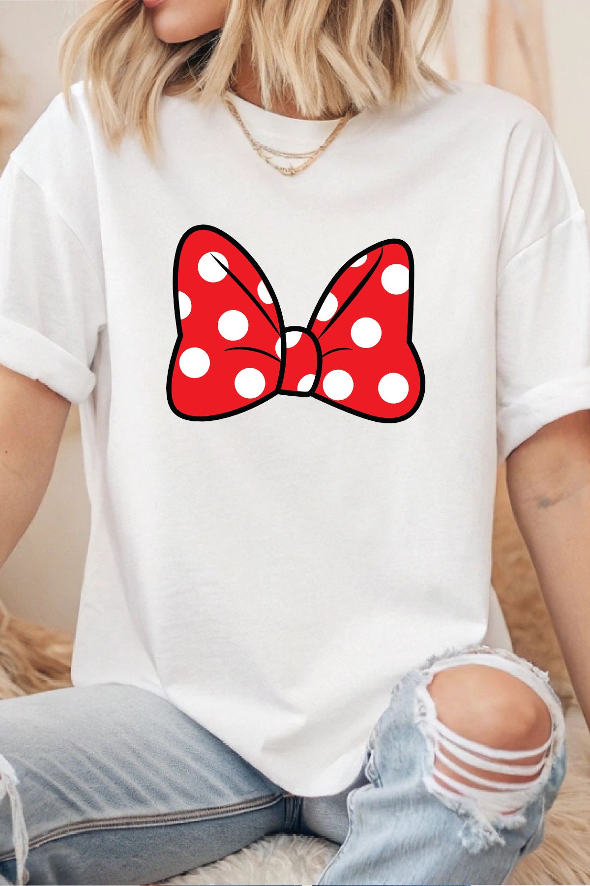 uniqwo Unisex Minnie Mouse Kurdele Baskılı Kadın %100 Pamuk Premium Regular T-Shirt