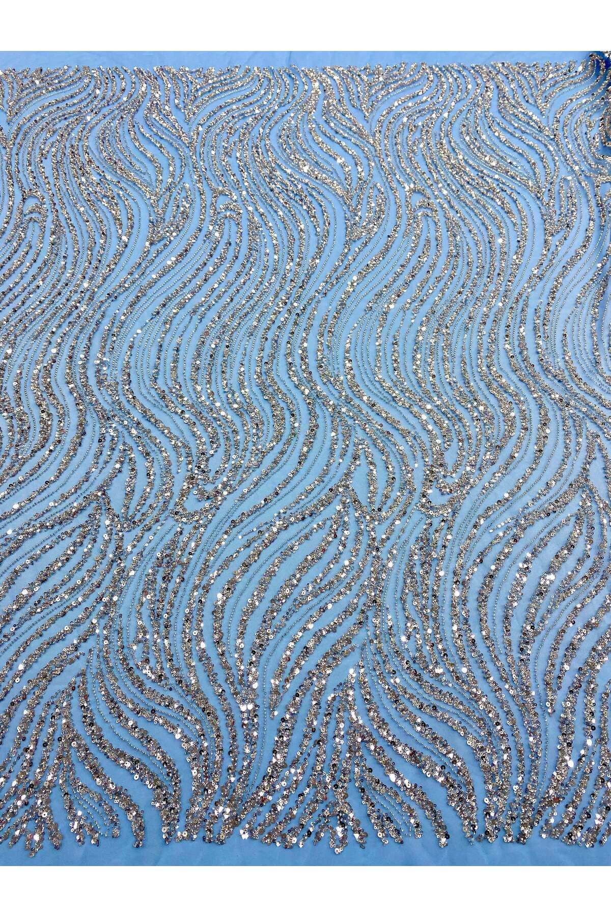 Luxuro-Couture Silver Lace with Blue Tulle with Linear Pattern, Beads and Sequins 1