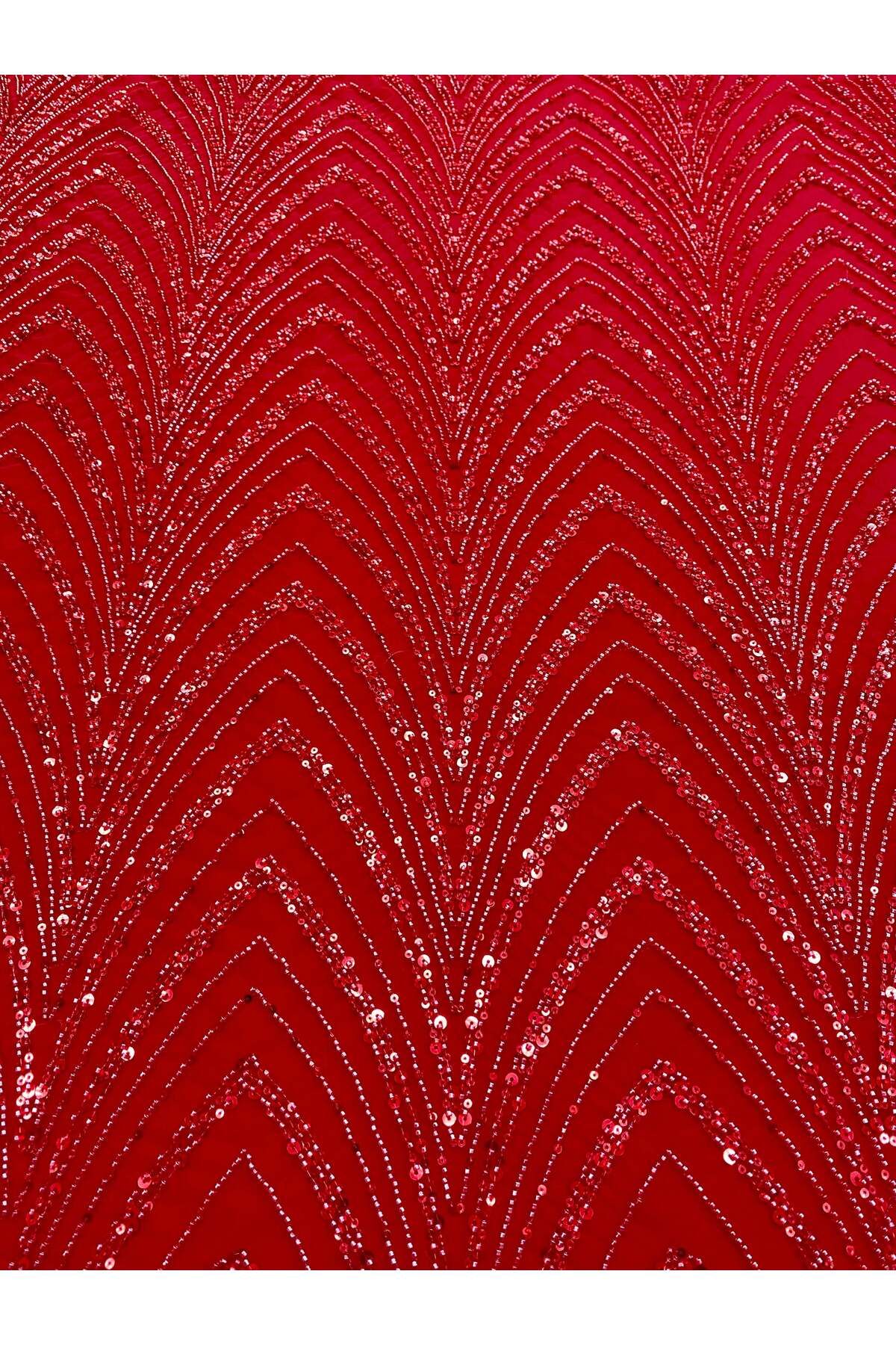 Luxuro-Red Couture Lace with Geometric Pattern with Beads and Sequins 5