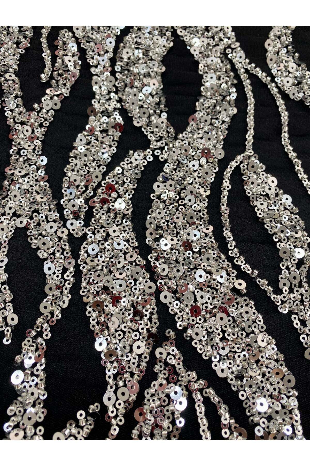 Luxuro-Couture Silver Lace with Black Tulle with String Pattern, Beads and Sequins 4