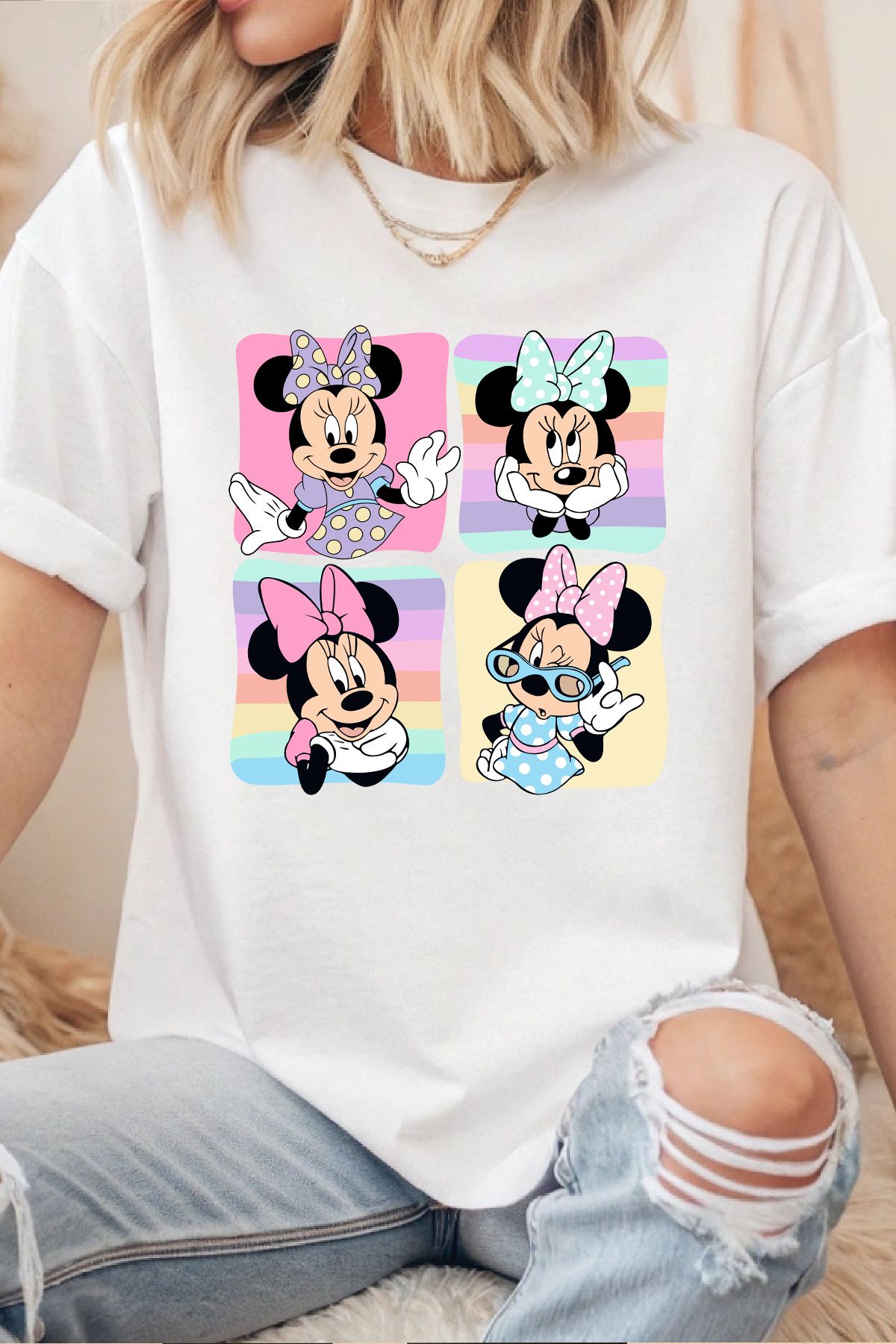 uniqwo Unisex Minnie Mouse Baskılı Yaz Temalı %100 Pamuk Premium Regular T-Shirt