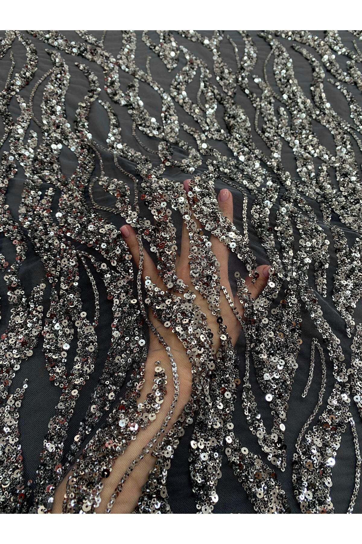 Luxuro-Anthracite Grey Couture Lace with Strings, Beads and Sequins 3