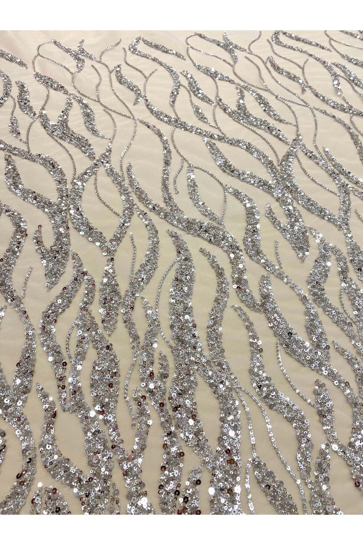 Luxuro-Silver Couture Lace with Strings, Beads and Sequins 4