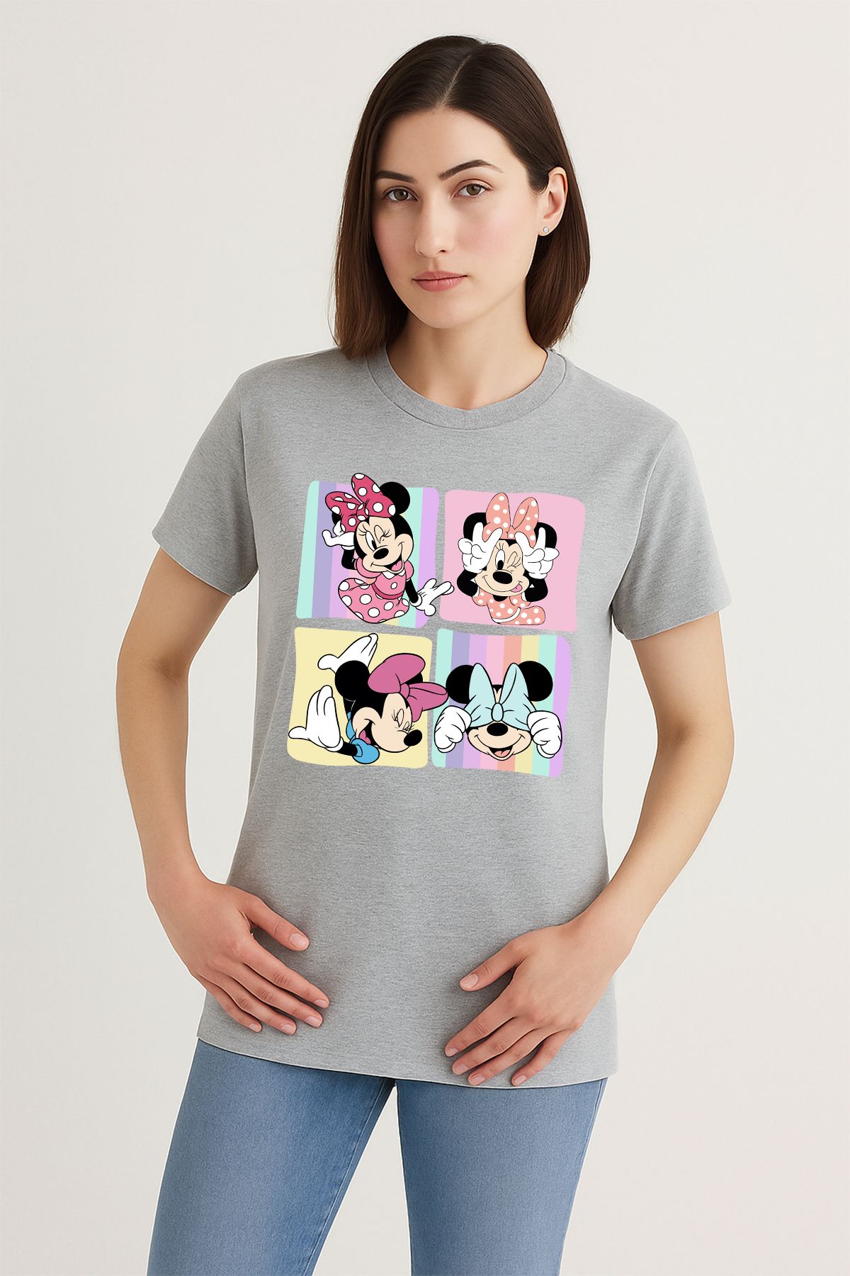 uniqwo Unisex Minnie Mouse Baskılı Kadın %100 Pamuk Premium Regular T-Shirt