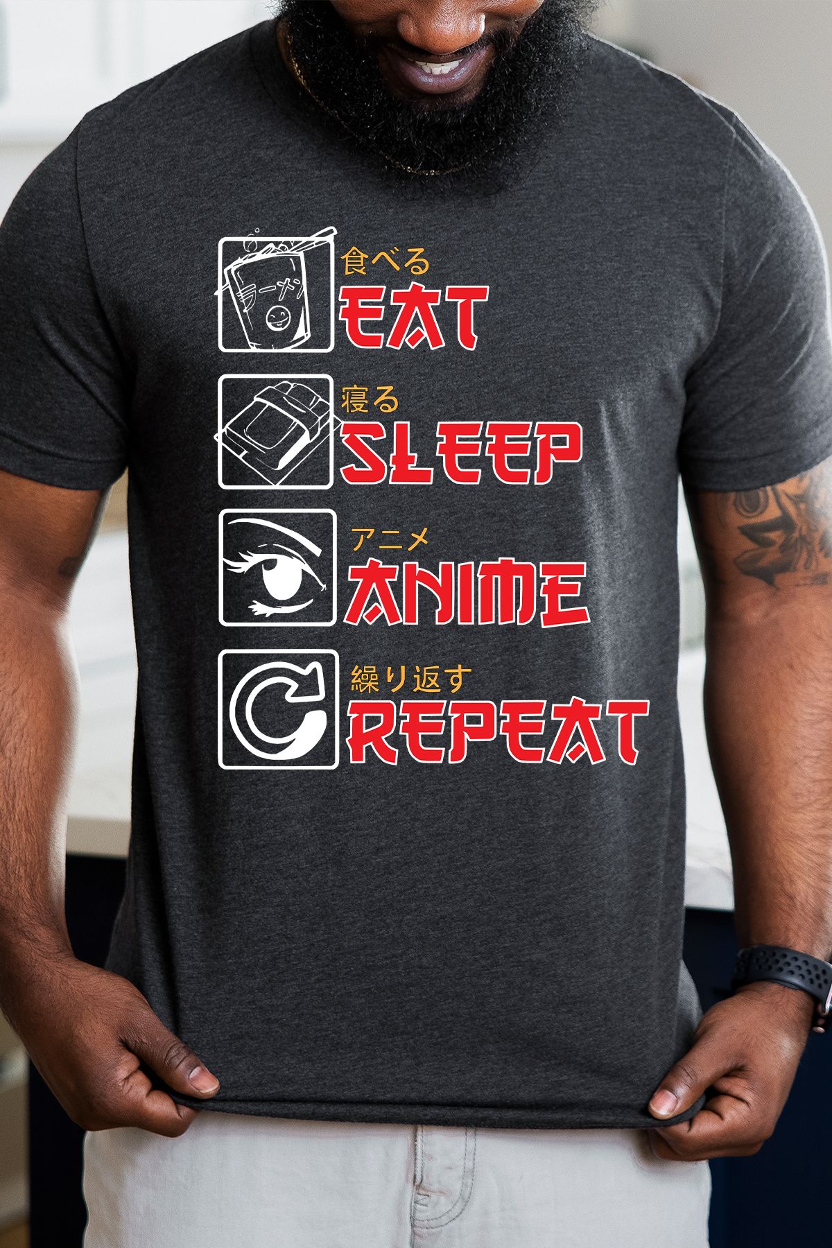 uniqwo Unisex Eat Sleep Anime Repeat Baskılı %100 Pamuk Premium Regular T-Shirt