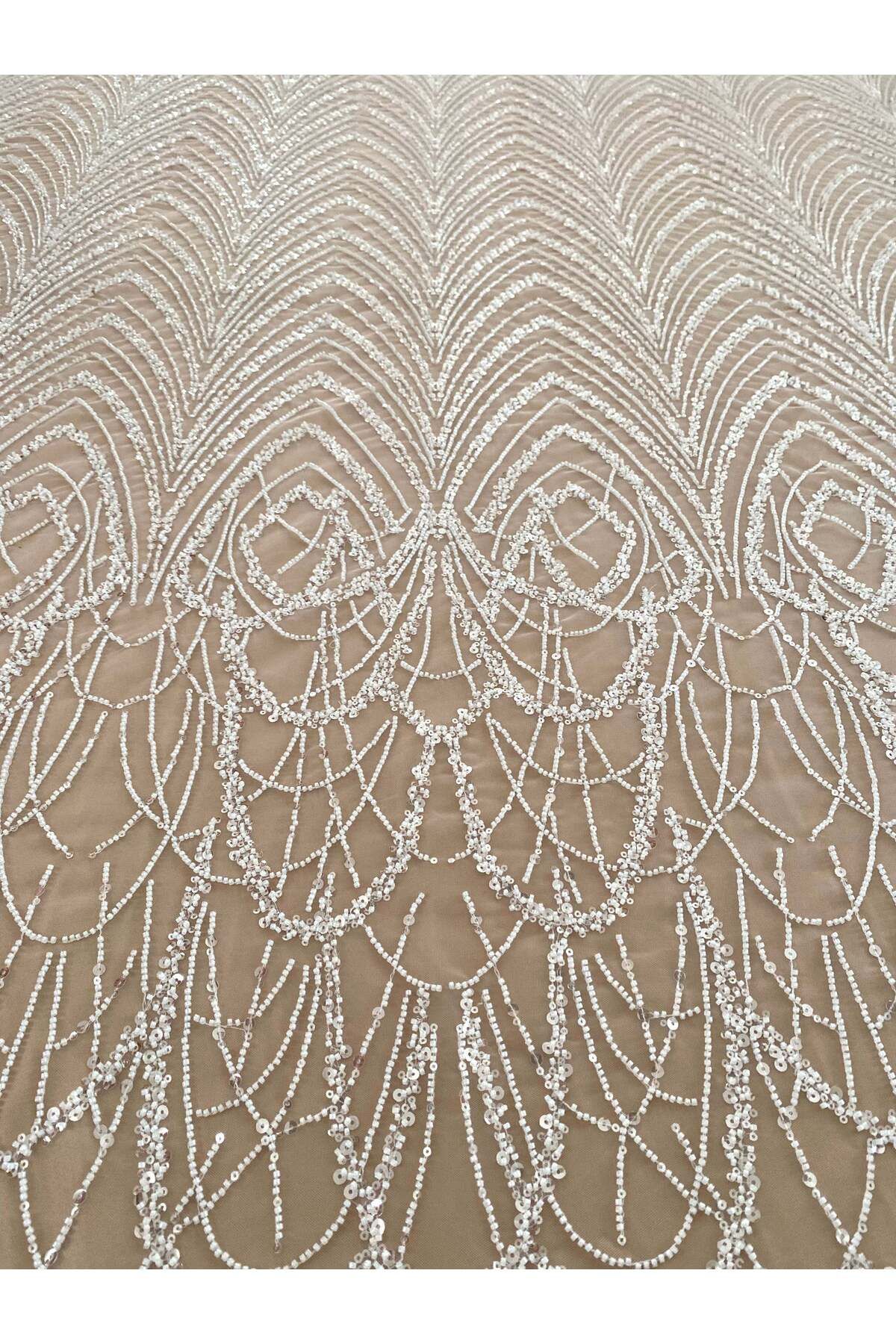 Luxuro-Ivory Couture Lace with Geometric Pattern with Beads and Sequins 5