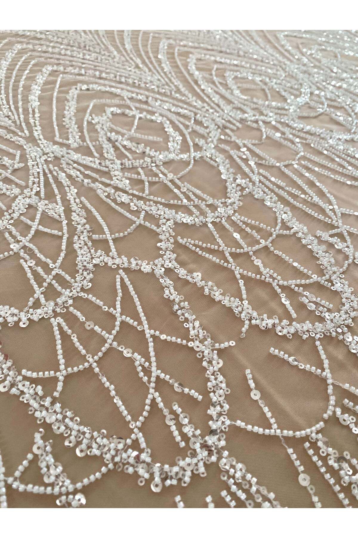 Luxuro-Ivory Couture Lace with Geometric Pattern with Beads and Sequins 4