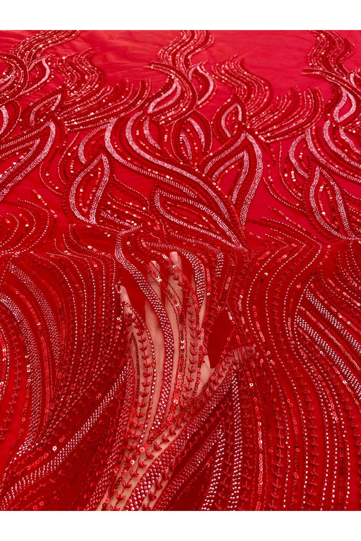 Luxuro-Red Couture Lace with Linear Pattern, Beads and Sequins 2