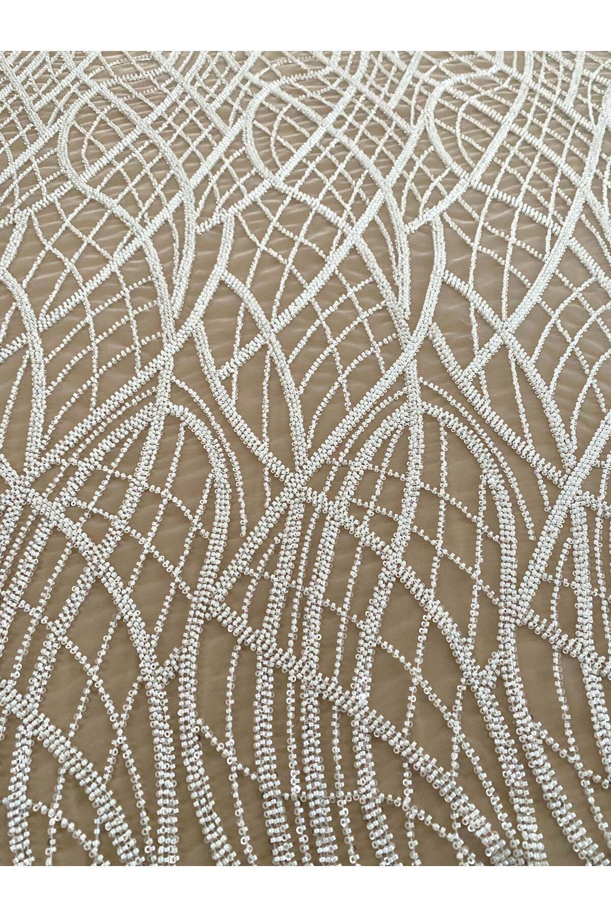 Luxuro-Ivory Couture Lace with Linear Pattern, Beads and Sequins 5