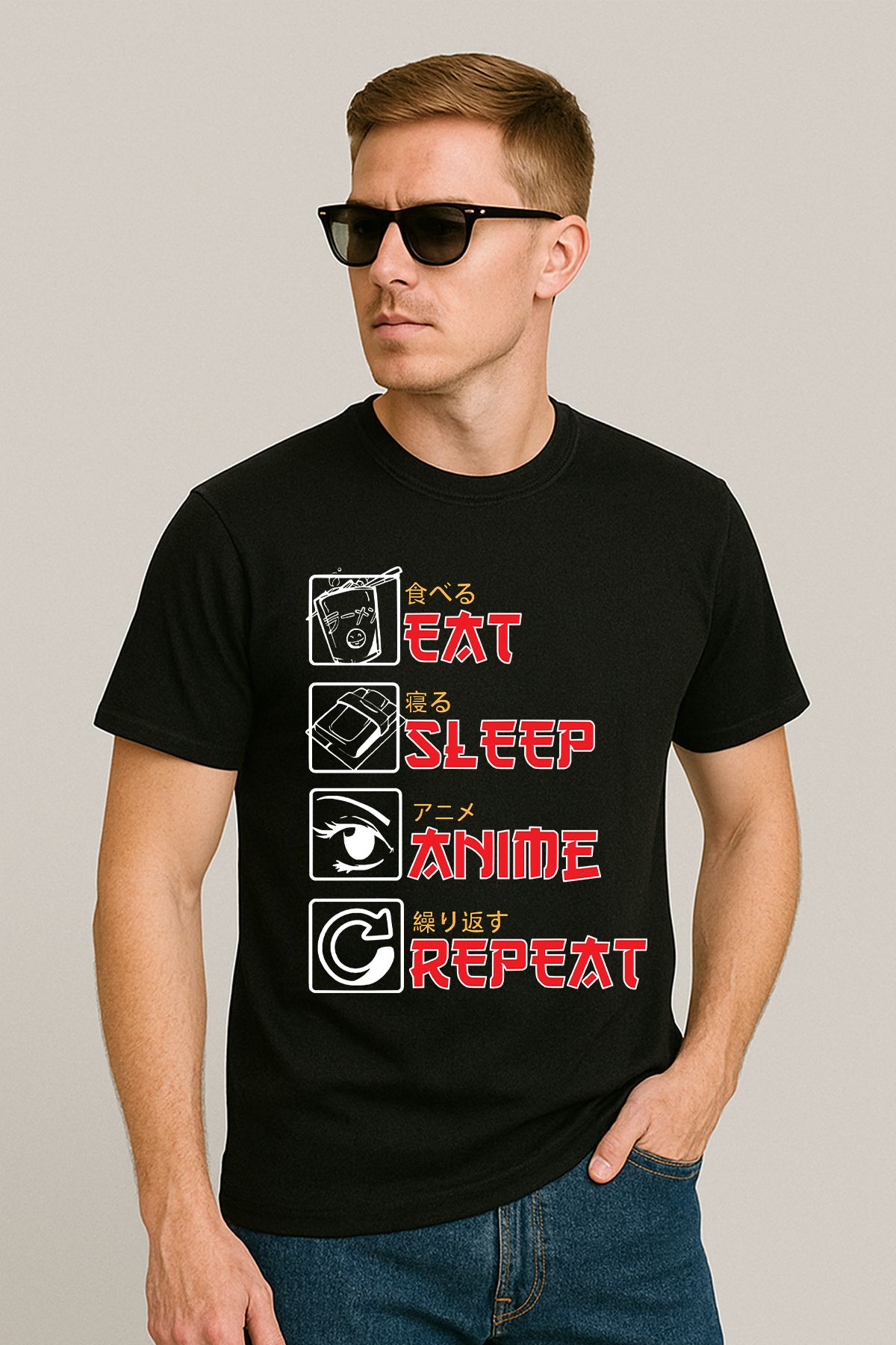 uniqwo Unisex Eat Sleep Anime Repeat Baskılı %100 Pamuk Premium Regular T-Shirt