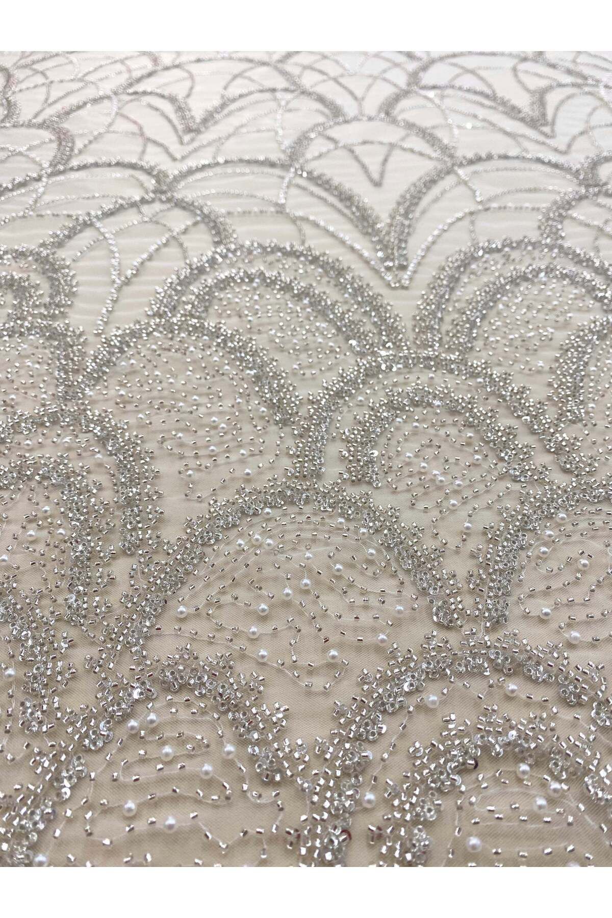 Luxuro-Silver Couture Lace with Geometric Pattern, with Pearls, Beads and Sequins 3