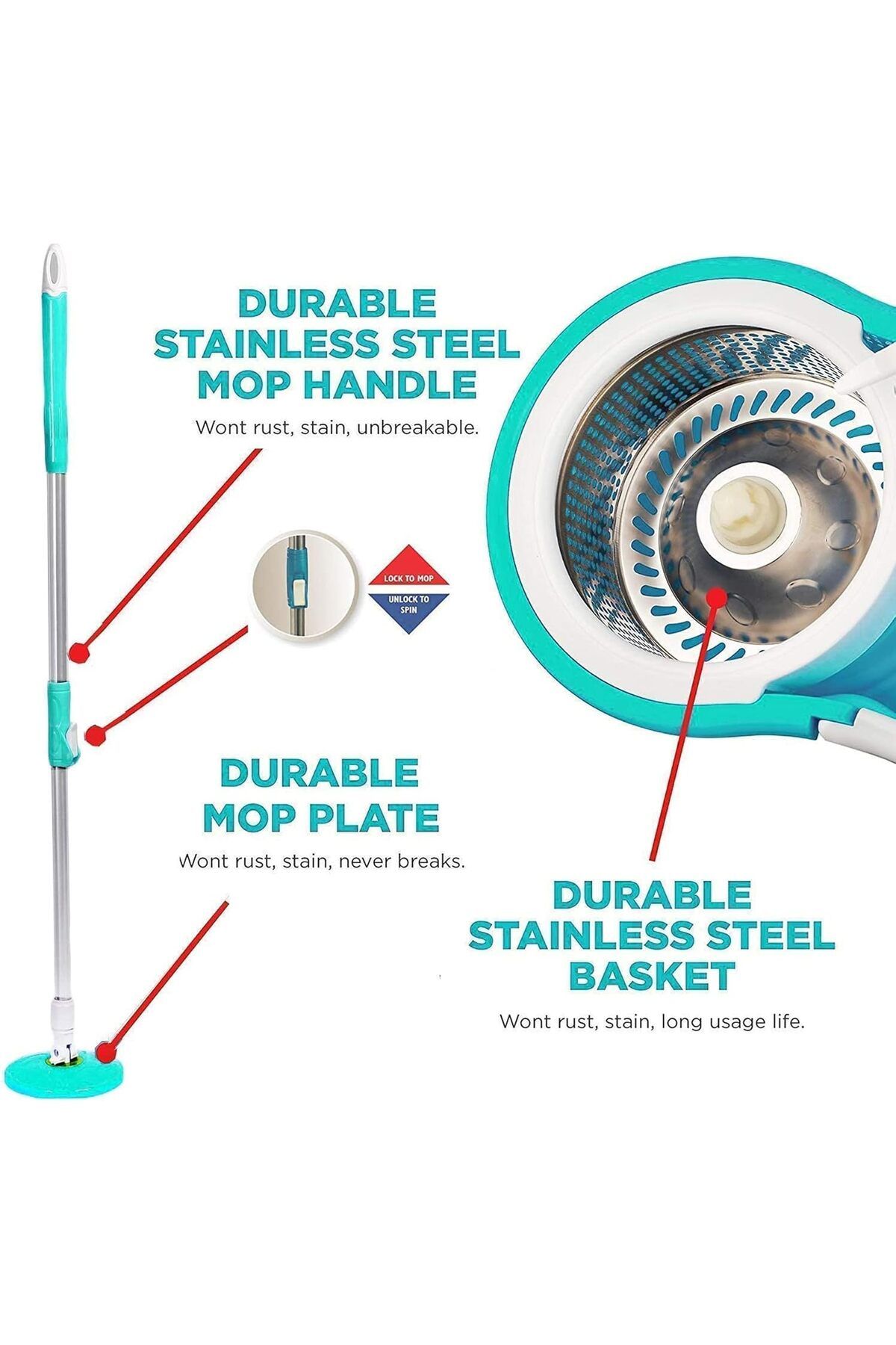 BUNCA-Easy Wring and Clean Spin Mop and Bucket Set, Floor Mop with Spin Wringer and Microfiber Mop Head 4