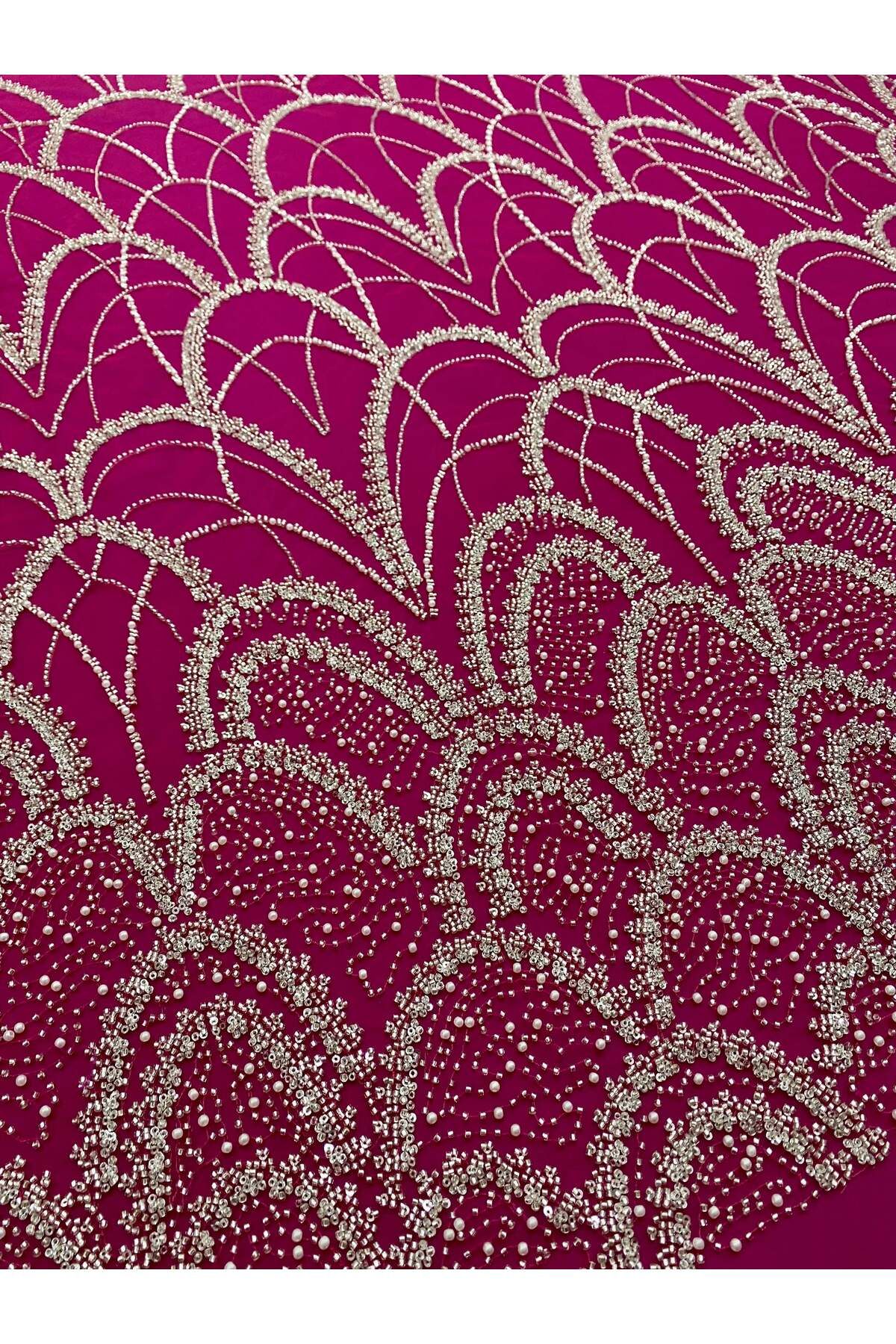 Luxuro-Couture Silver Lace with Fuchsia Tulle with Geometric Pattern, with Pearls, Beads and Sequins 5